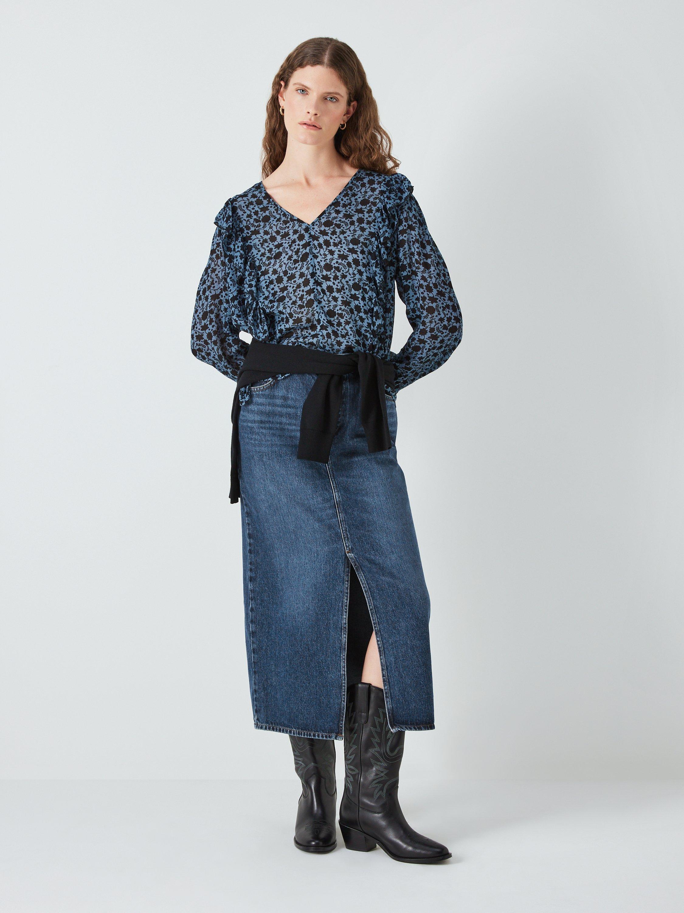 Product image 3 of 6, which shows AND/OR Mimi Denim Midi Skirt, Dark Blue Wash, 6