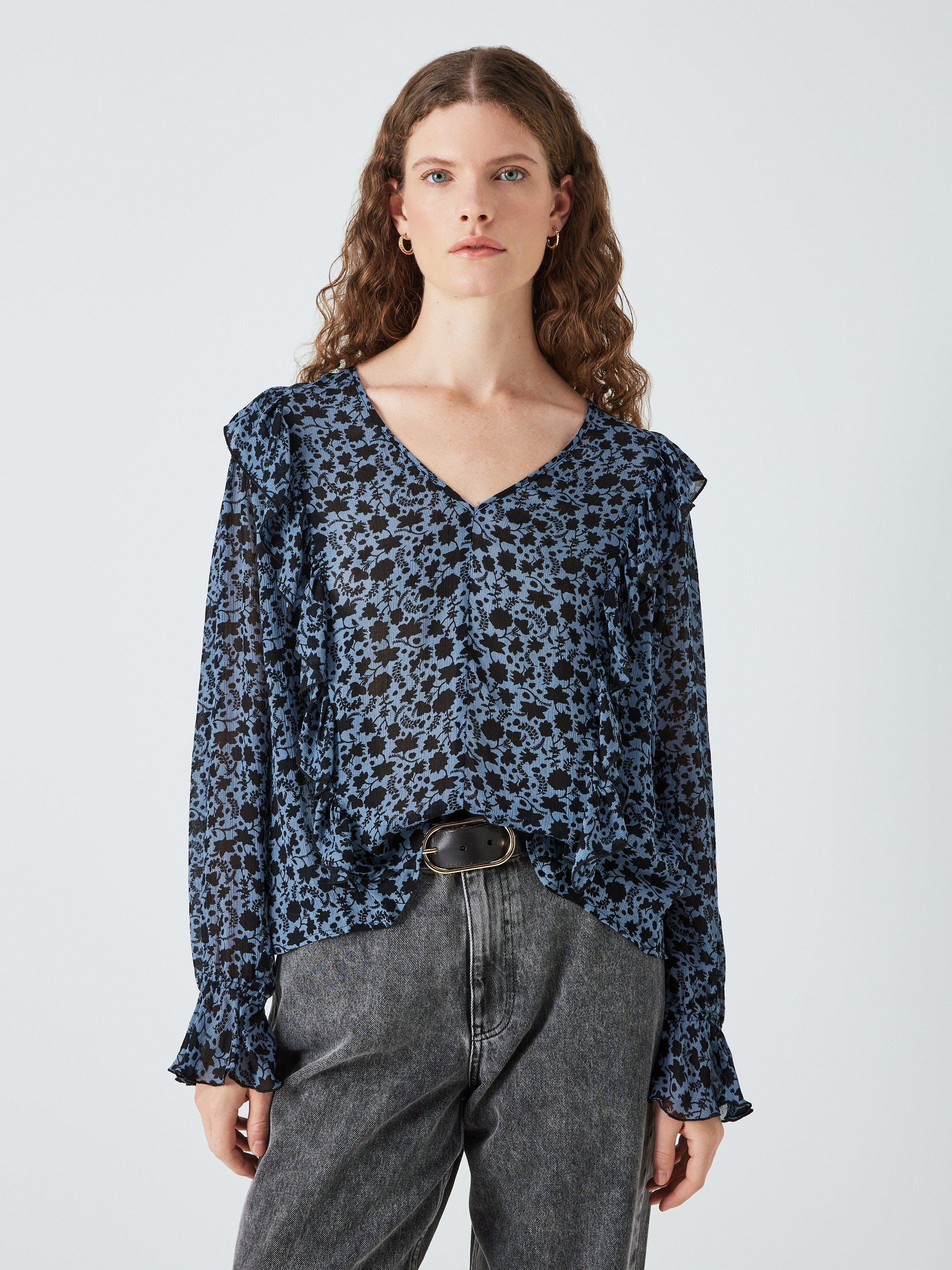 AND/OR Candice Foliage Ruffle Blouse, Blue
