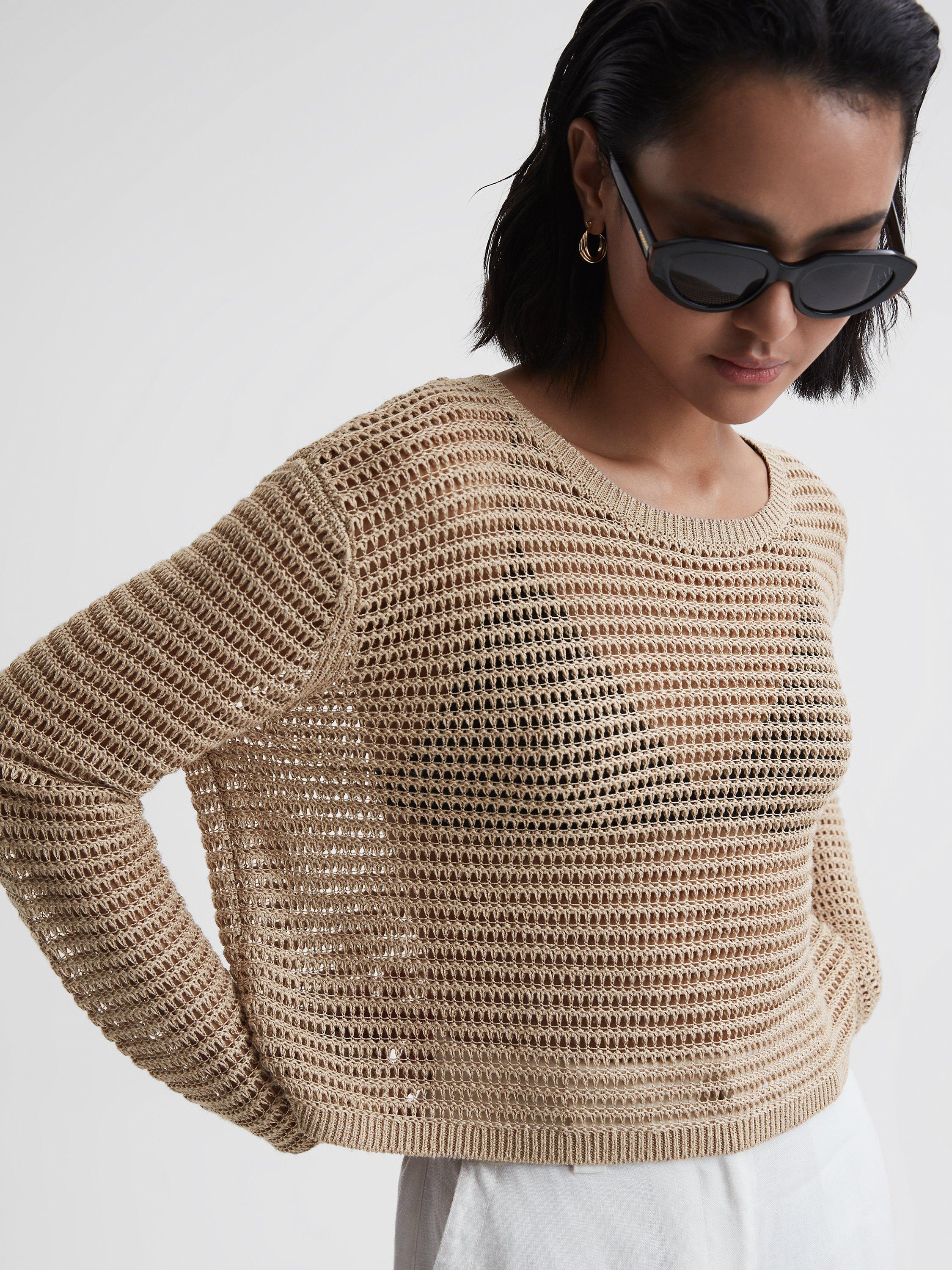 Reiss Avril Open Stitch Crew Neck Linen Blend Jumper, Stone