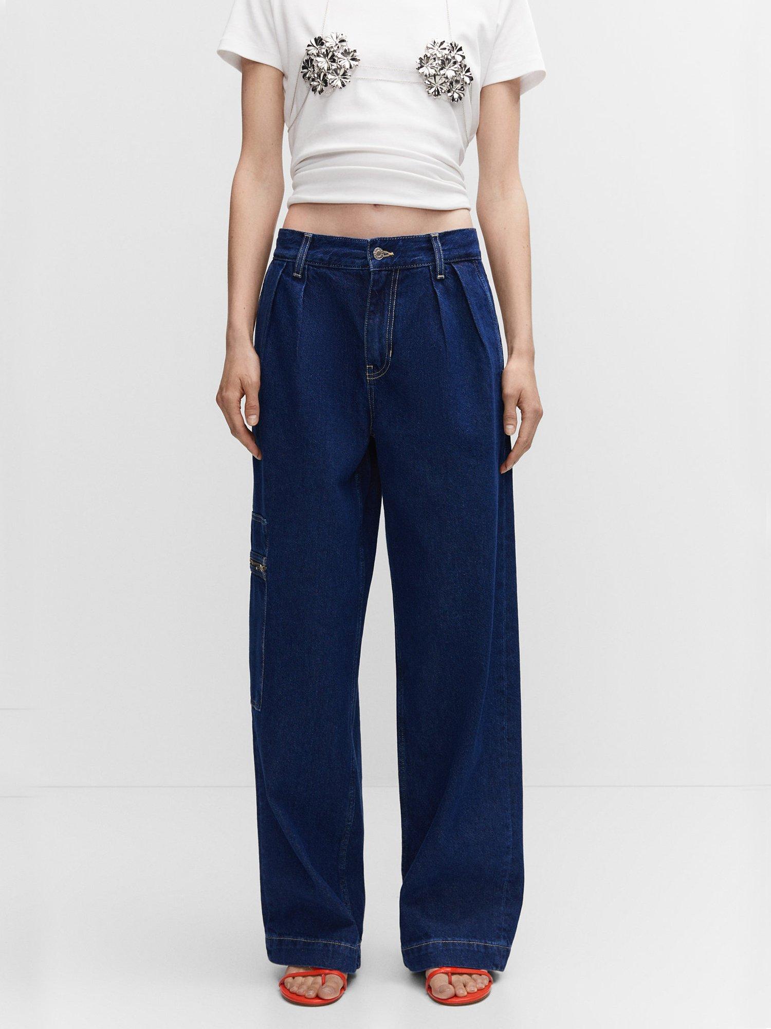Mango Hannah Zip Pocket Wide Leg Jeans, Open Blue