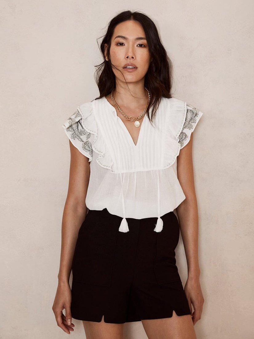 Mint Velvet Embroidered Ruffle Cap Sleeve Top, Ivory