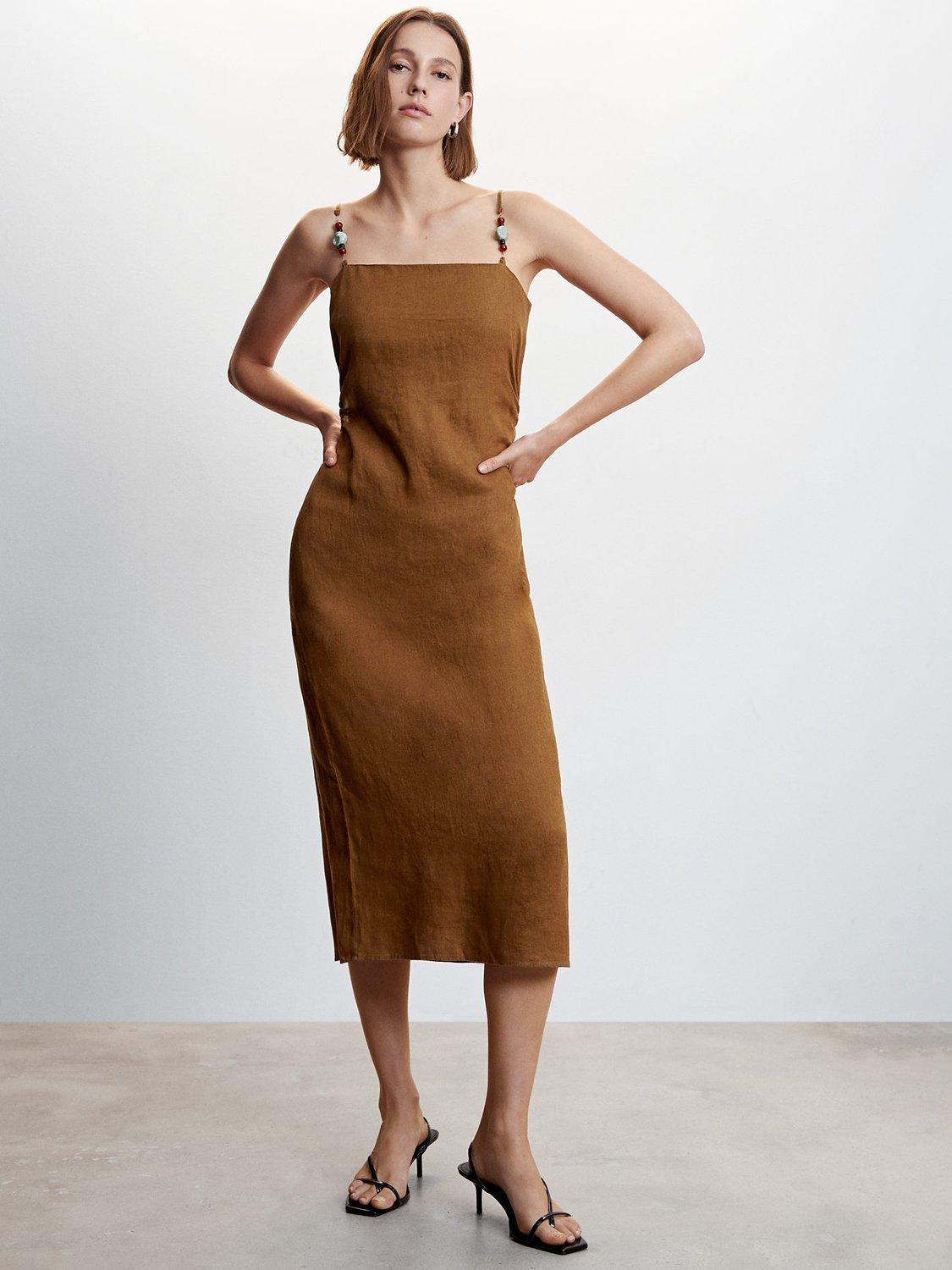 Mango Candela Linen Midi Dress, Brown