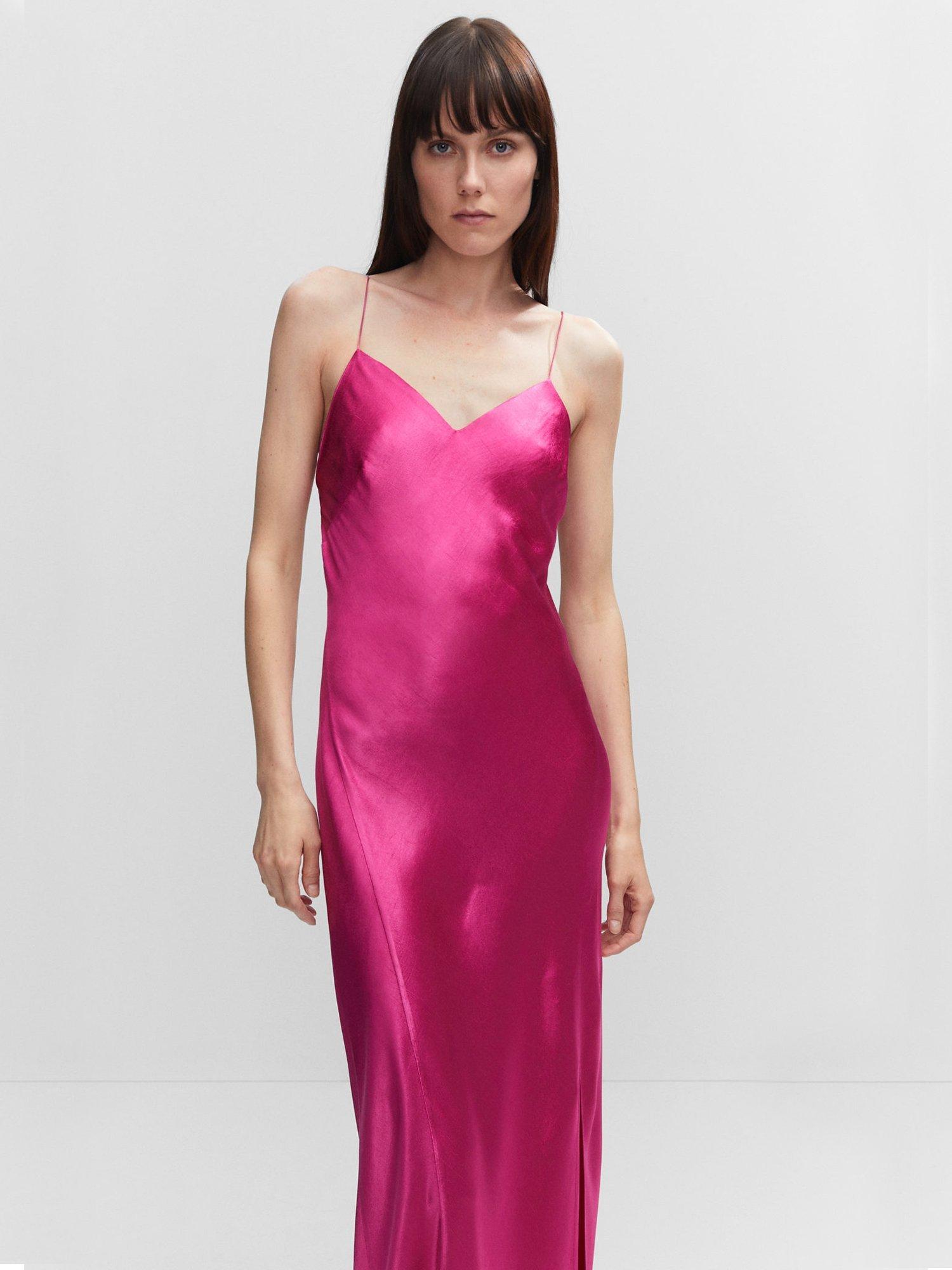Mango Side Slit Satin Moon Dress, Bright Pink