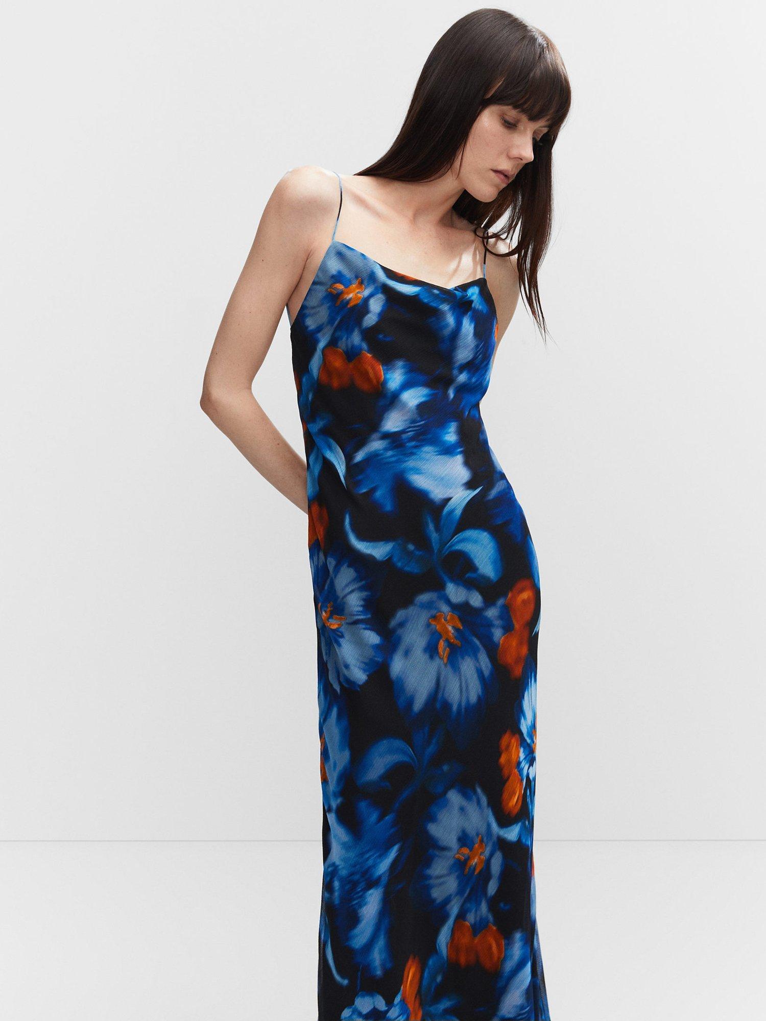 Mango Soho Floral Print Satin Maxi Dress, Blue