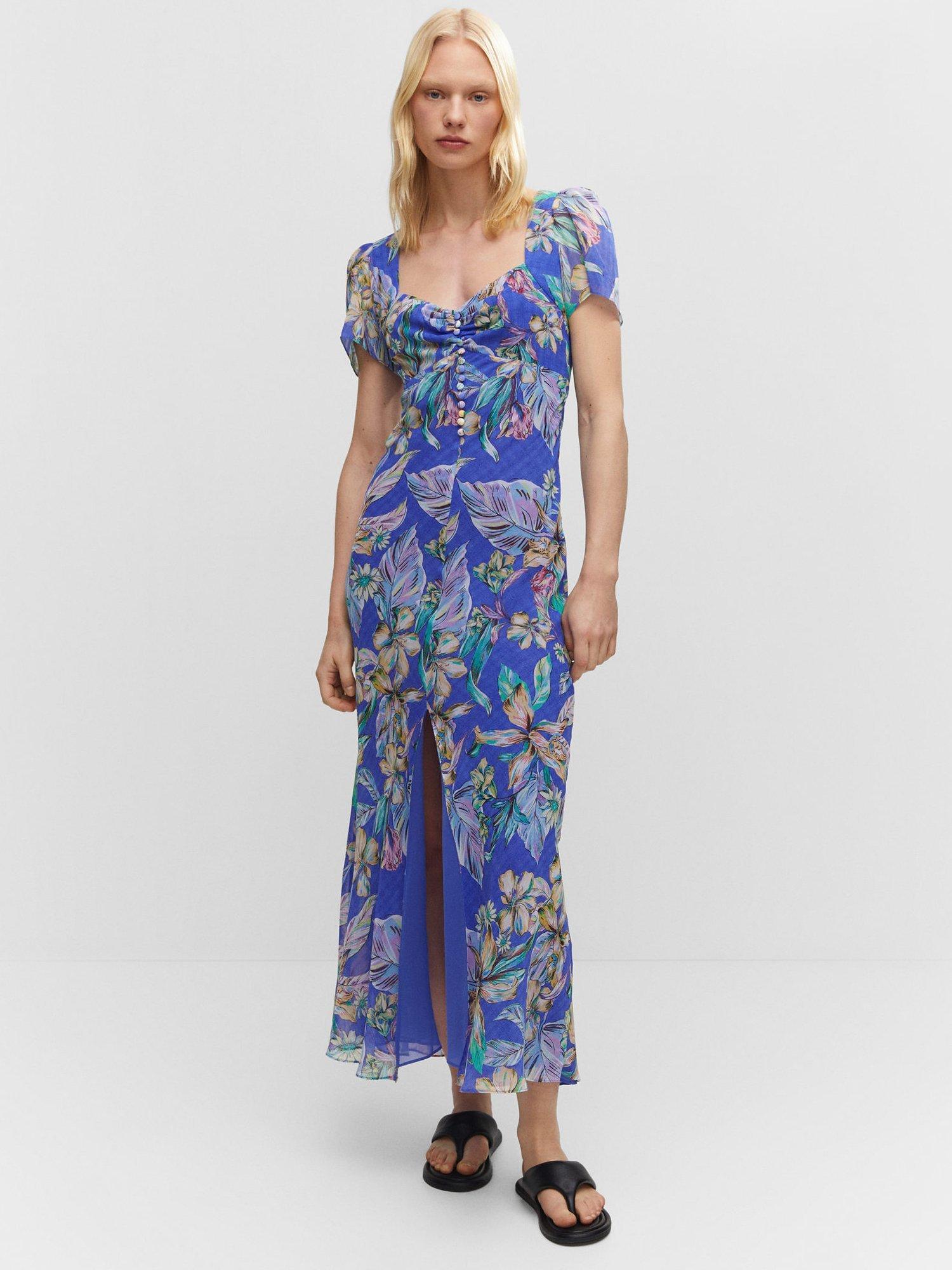 Mango Annie Floral Print Midi Dress, Blue