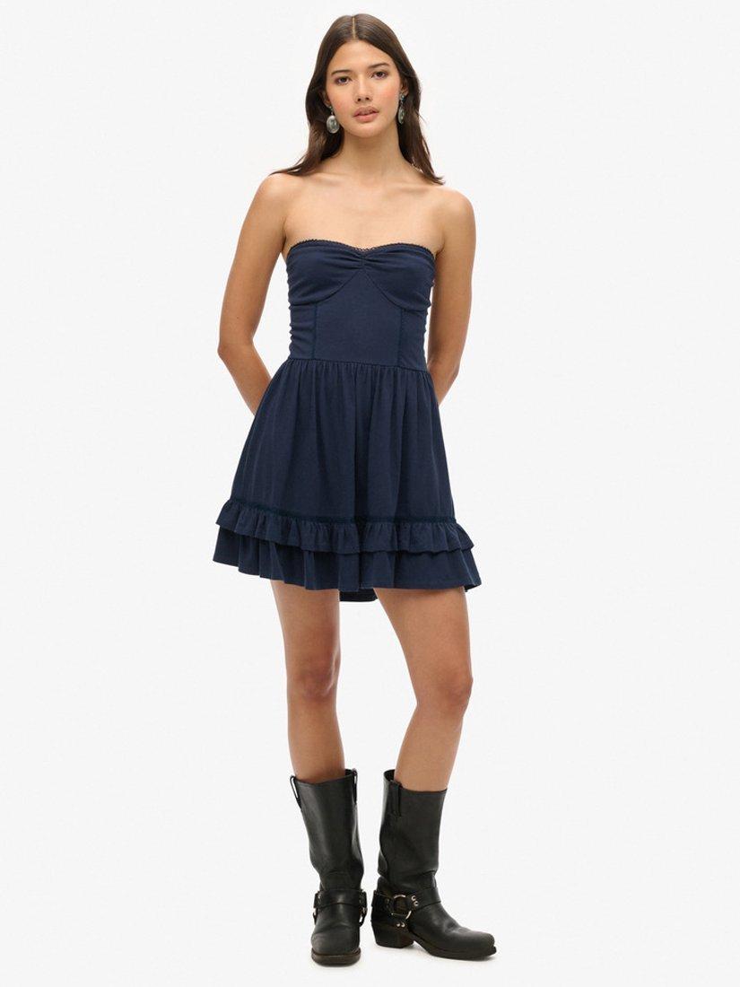 Product image 1 of 6, which shows Superdry 50s Lace Bandeau Mini Dress, Richest Navy, 10