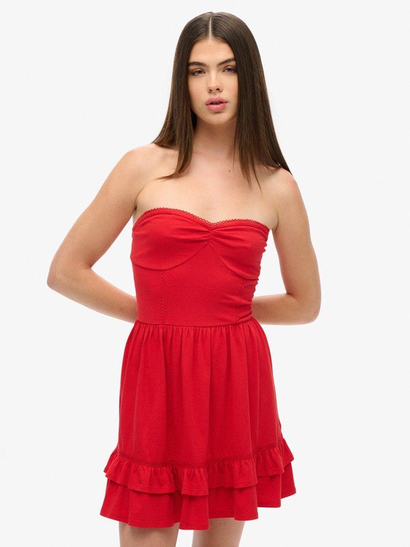 Product image 1 of 6, which shows Superdry 50s Lace Bandeau Mini Dress, Risk Red, 6