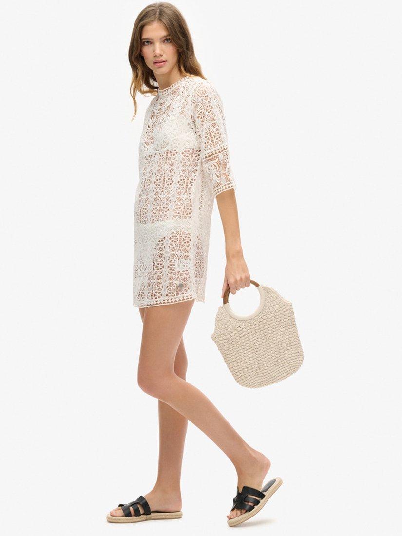 Product image 2 of 6, which shows Superdry Beach Cover Up Lace Mini Dress, Ecru, 6-8
