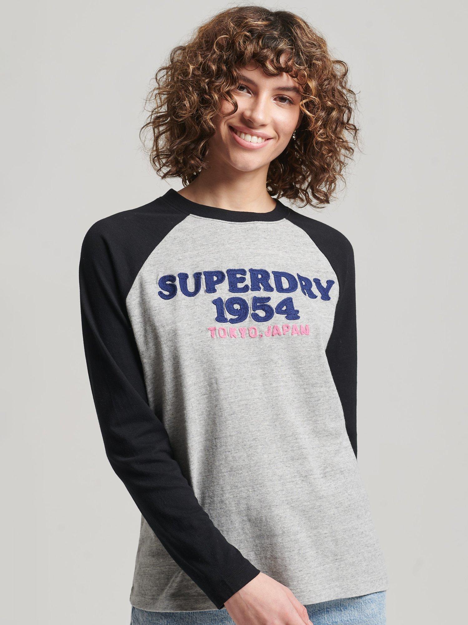 Superdry Vintage Logo Raglan Long Sleeve Top, Grey Marl/Black