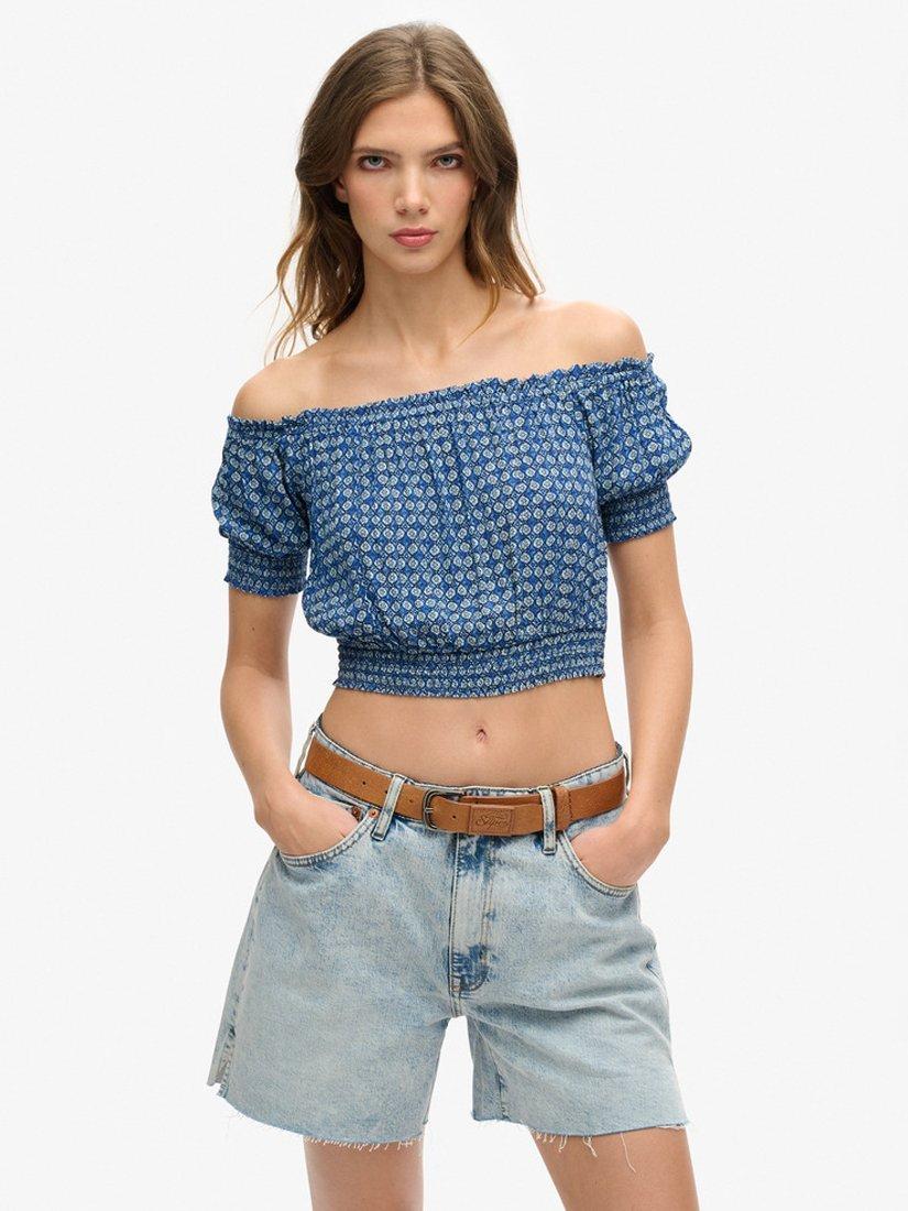 Product image 1 of 5, which shows Superdry Smocked Short Sleeve Crop Top, Mini Geo Blue, 6