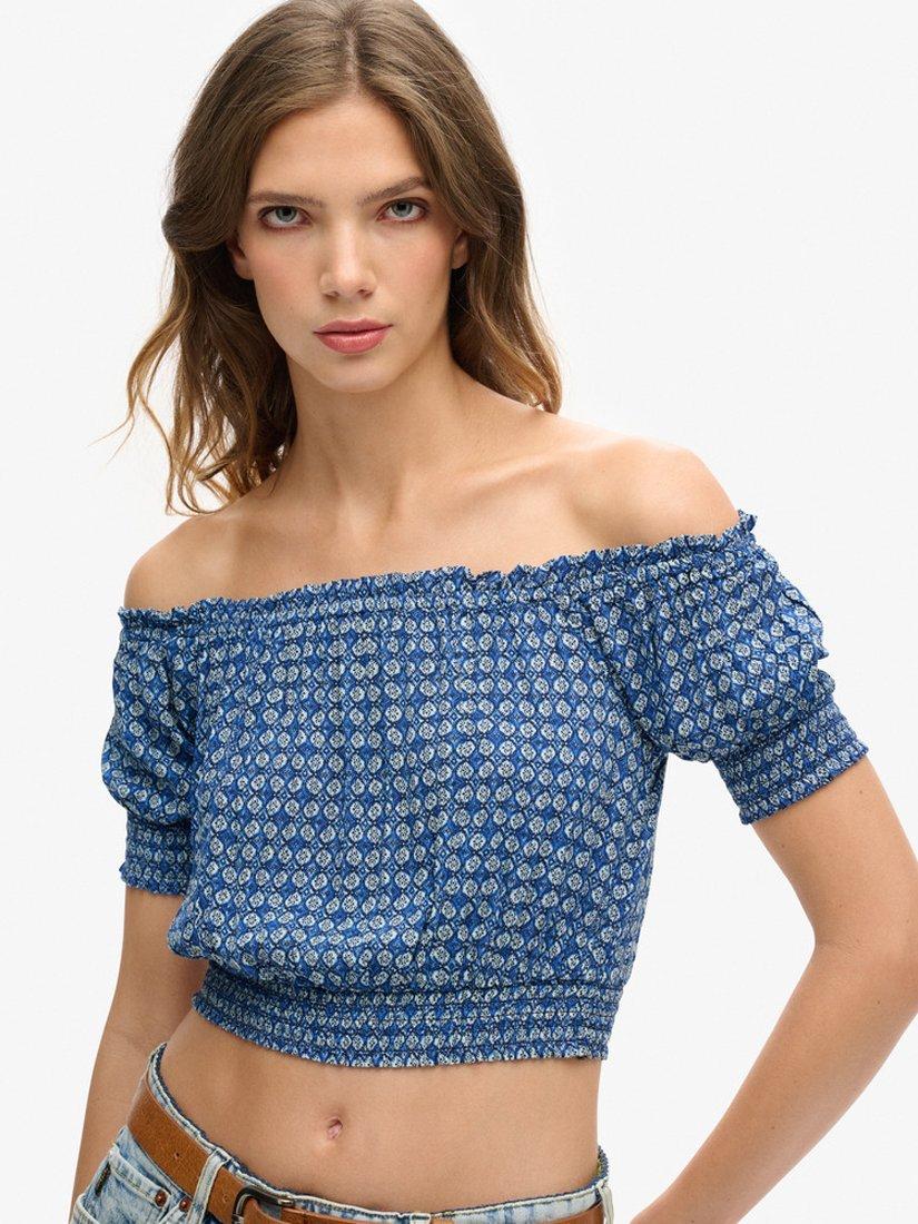 Product image 3 of 5, which shows Superdry Smocked Short Sleeve Crop Top, Mini Geo Blue, 6