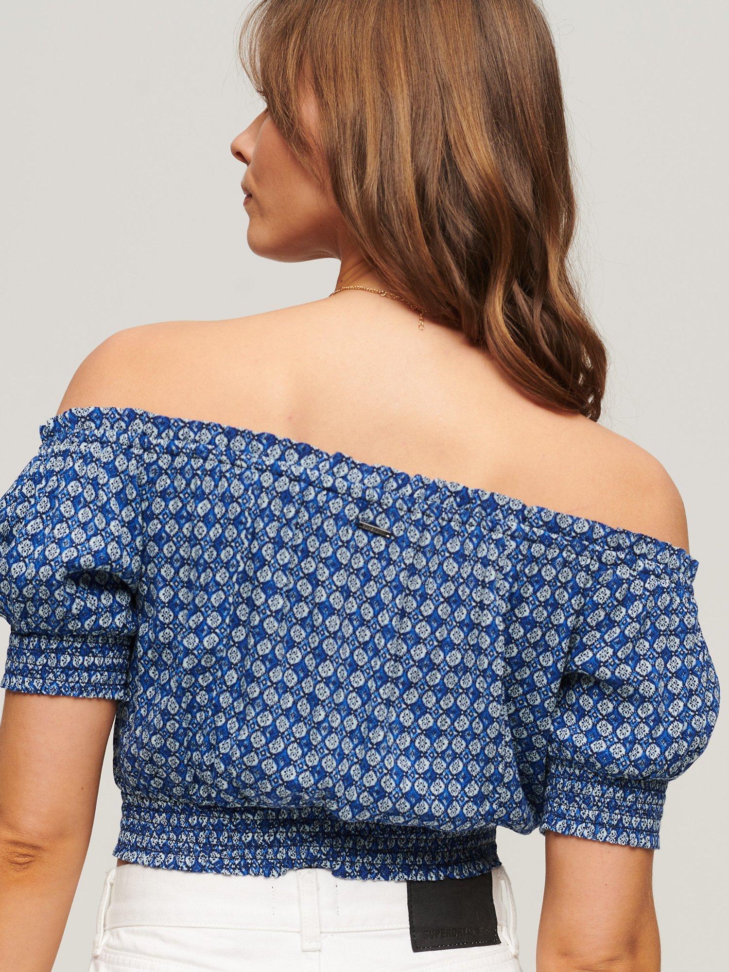 Product image 4 of 5, which shows Superdry Smocked Short Sleeve Crop Top, Mini Geo Blue, 6