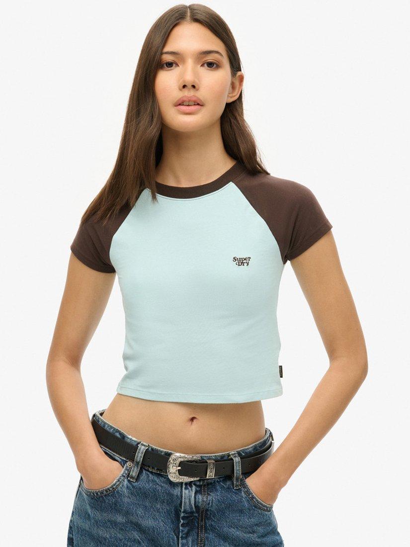 Product image 1 of 5, which shows Superdry Cropped Baseball T-Shirt, Sky Blue/Choc Brown, 6