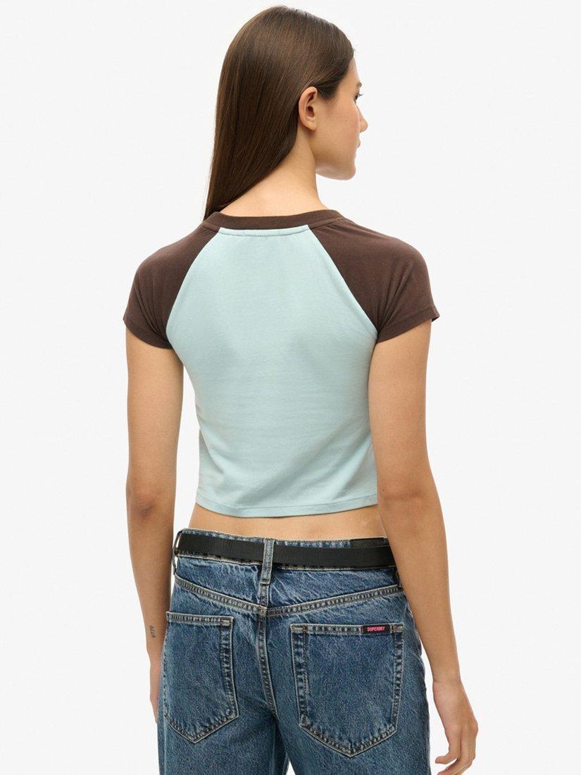 Product image 5 of 5, which shows Superdry Cropped Baseball T-Shirt, Sky Blue/Choc Brown, 6