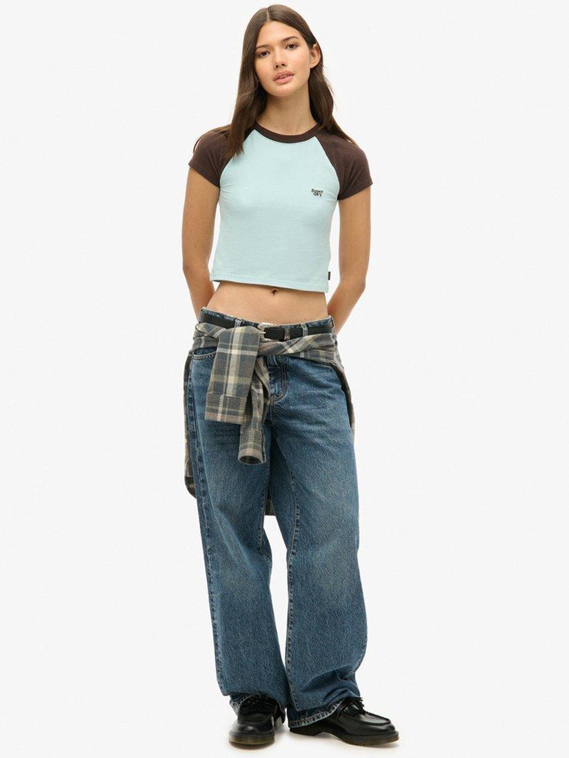 Product image 2 of 5, which shows Superdry Cropped Baseball T-Shirt, Sky Blue/Choc Brown, 6