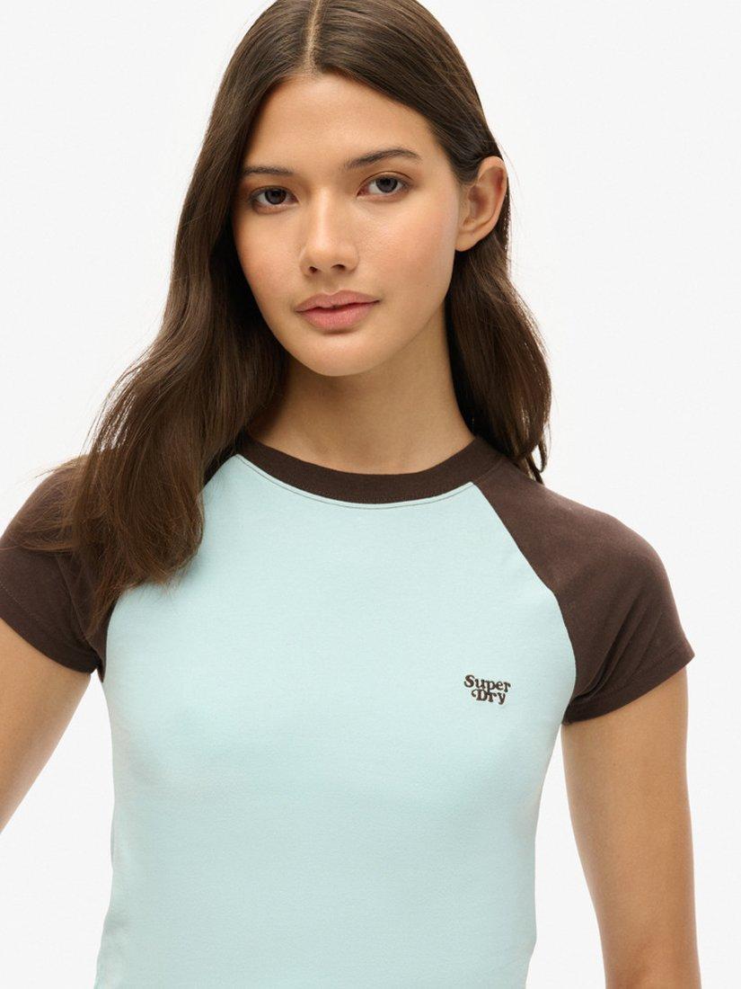 Product image 3 of 5, which shows Superdry Cropped Baseball T-Shirt, Sky Blue/Choc Brown, 6