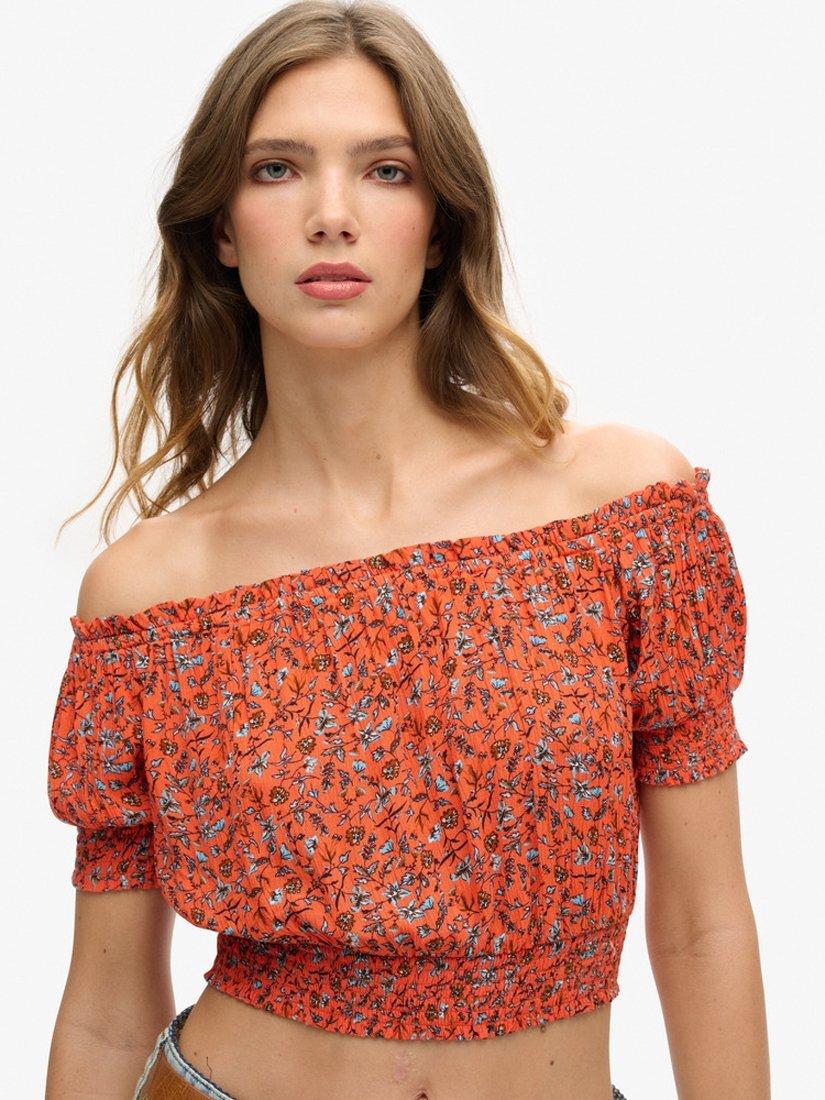 Product image 4 of 6, which shows Superdry Smocked Short Sleeve Crop Top, Autumn Orange, 6