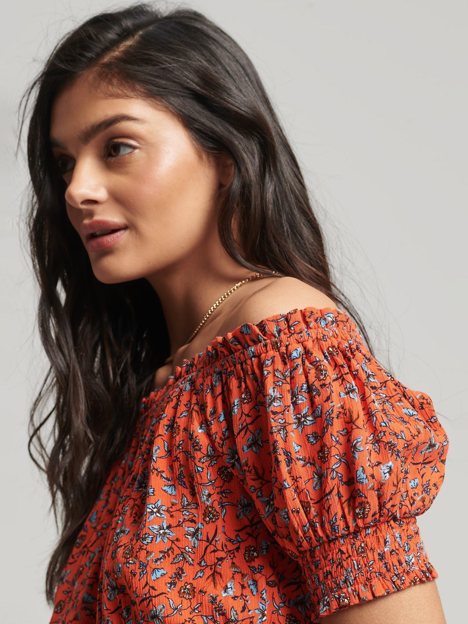 Product image 6 of 6, which shows Superdry Smocked Short Sleeve Crop Top, Autumn Orange, 6