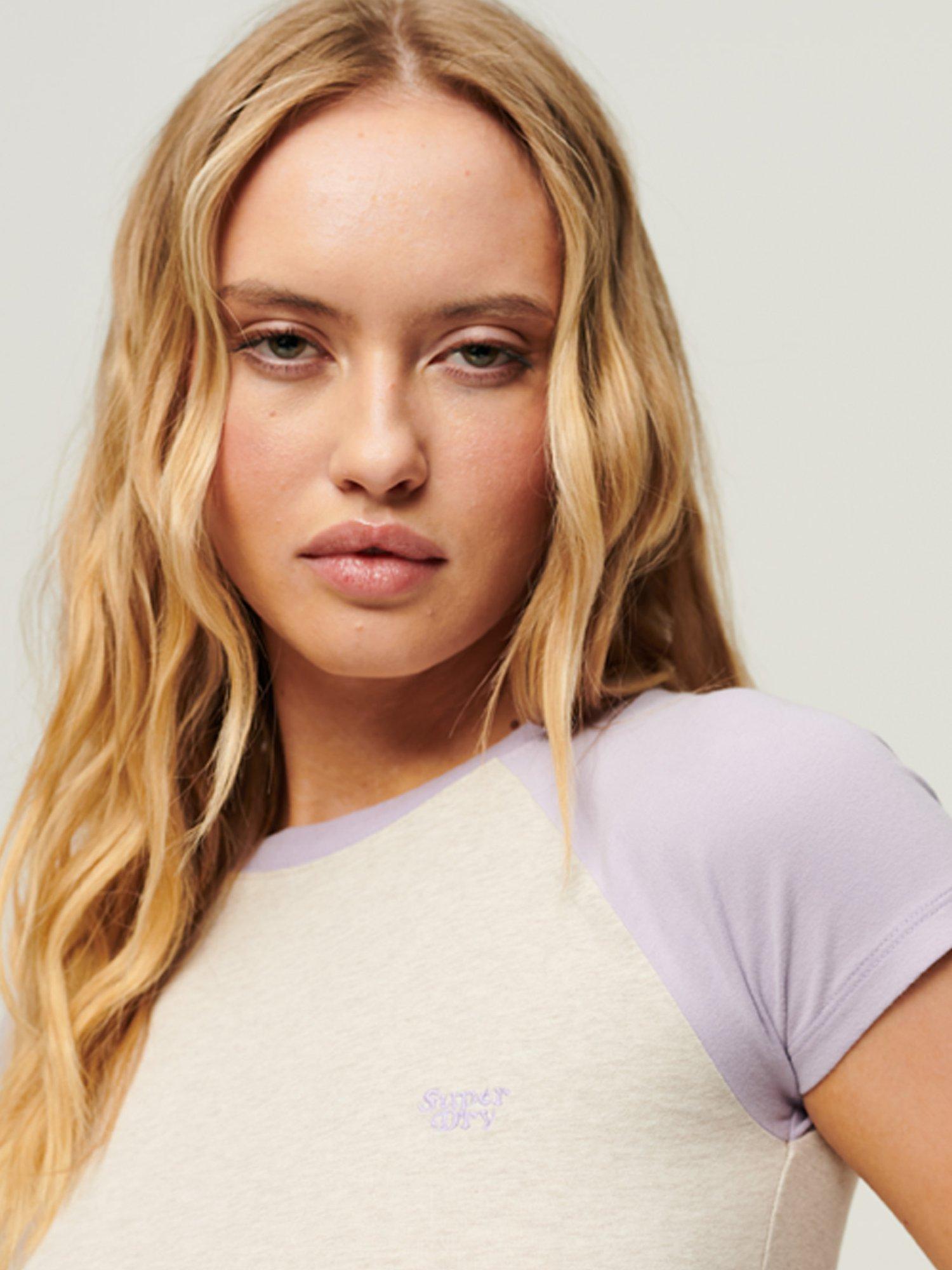 Superdry Baseball T-Shirt, Oatmeal Marl/Purple, 6
