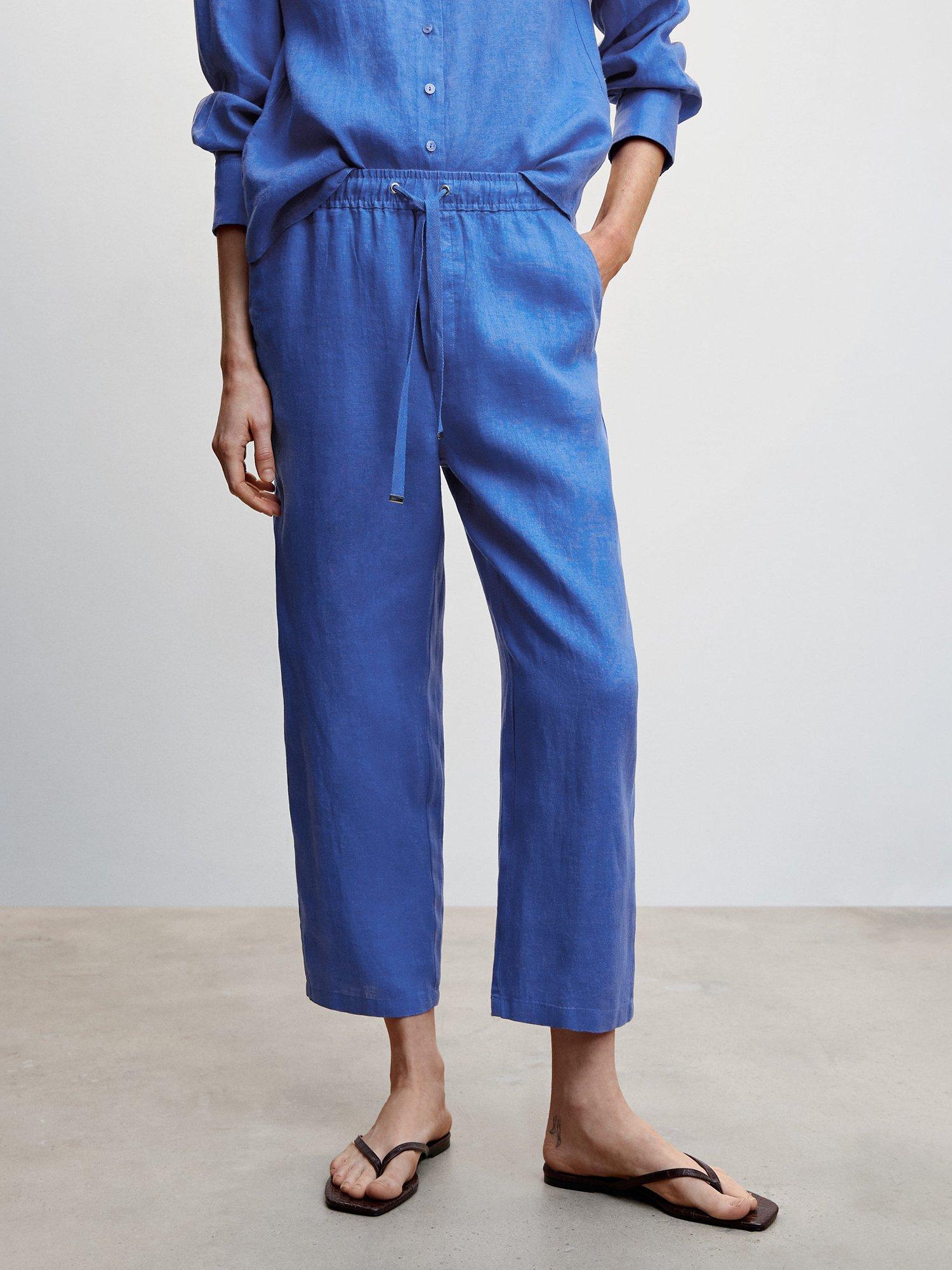 Mango Drawstring Waist Linen Trousers, Medium Blue