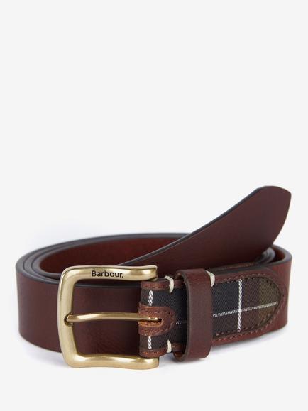 Barbour Tartan Leather Slim Belt, Brown/Multi, Brown