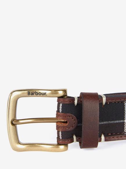 Barbour Tartan Leather Slim Belt, Brown/Multi - view 2, Brown