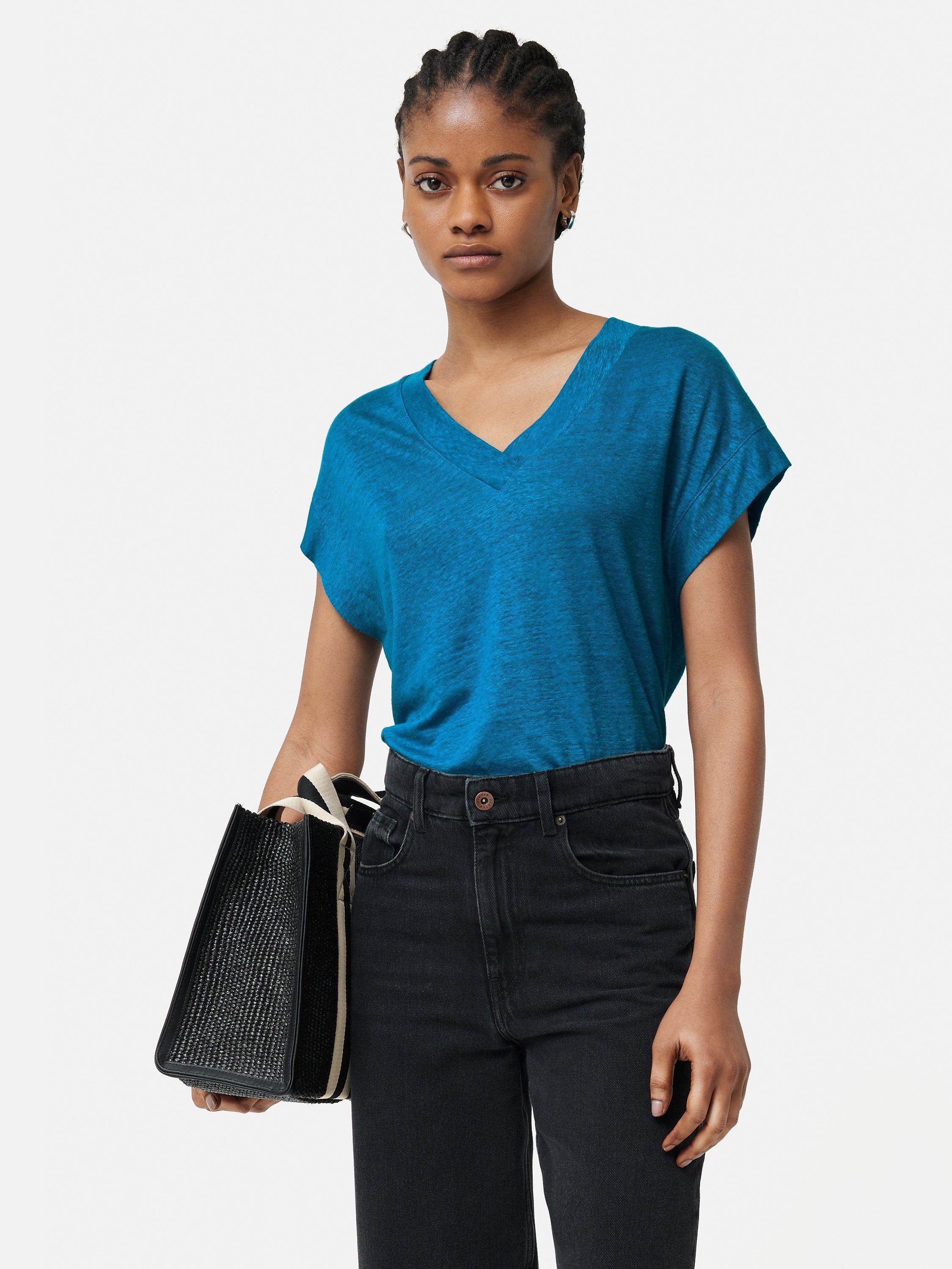 Jigsaw Linen Short Sleeve V-Neck T-Shirt, Blue