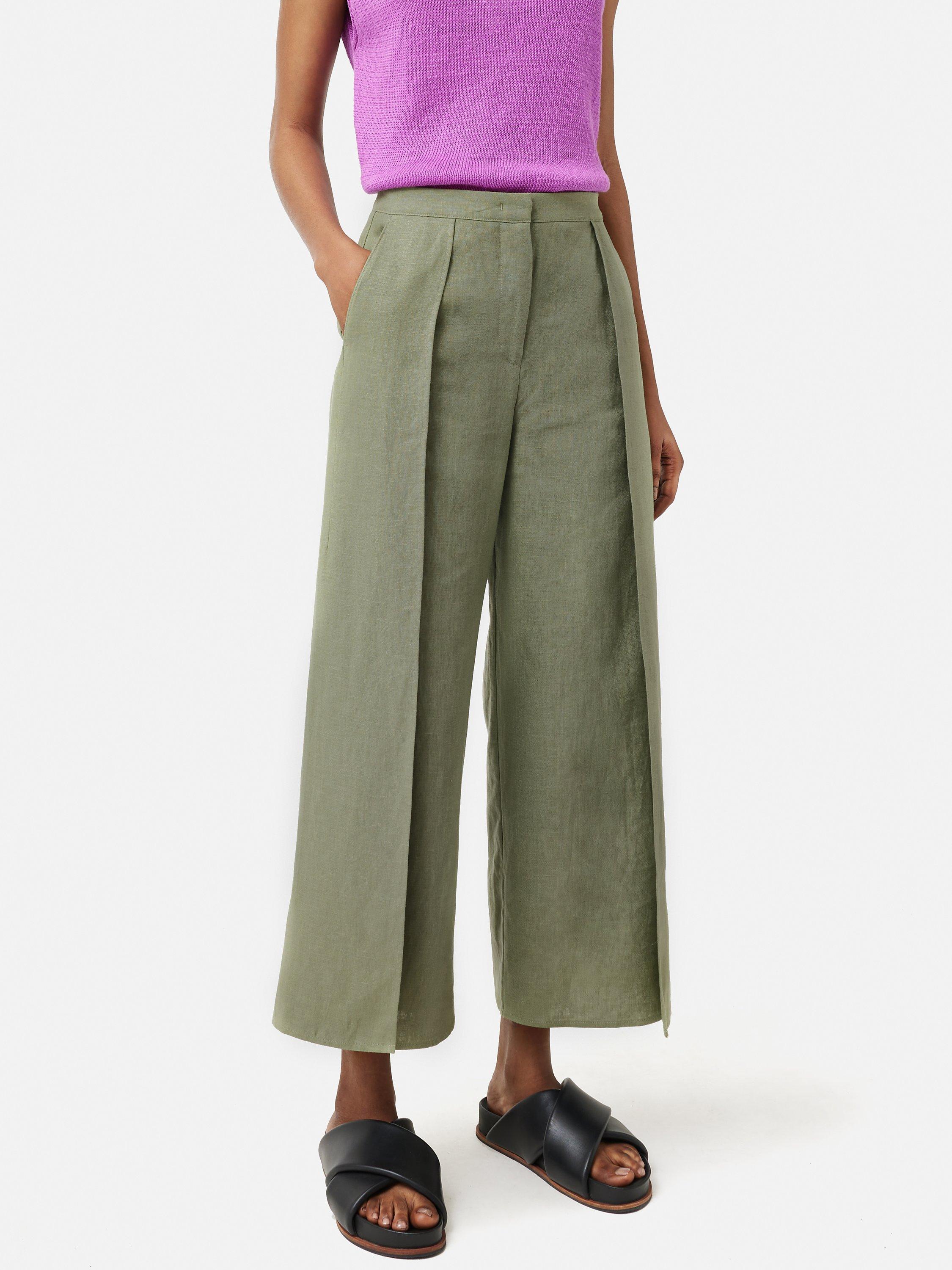 Jigsaw Linen Wrap Palazzo Cropped Trousers, Khaki
