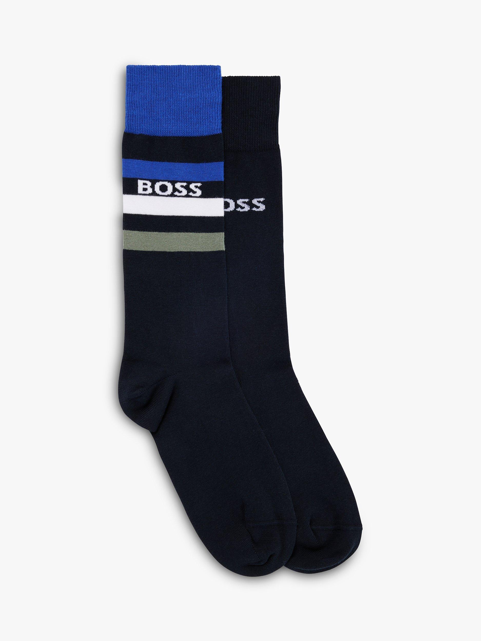 BOSS Stripe and Logo Ankle Socks, Pack of 2, Dark Blue