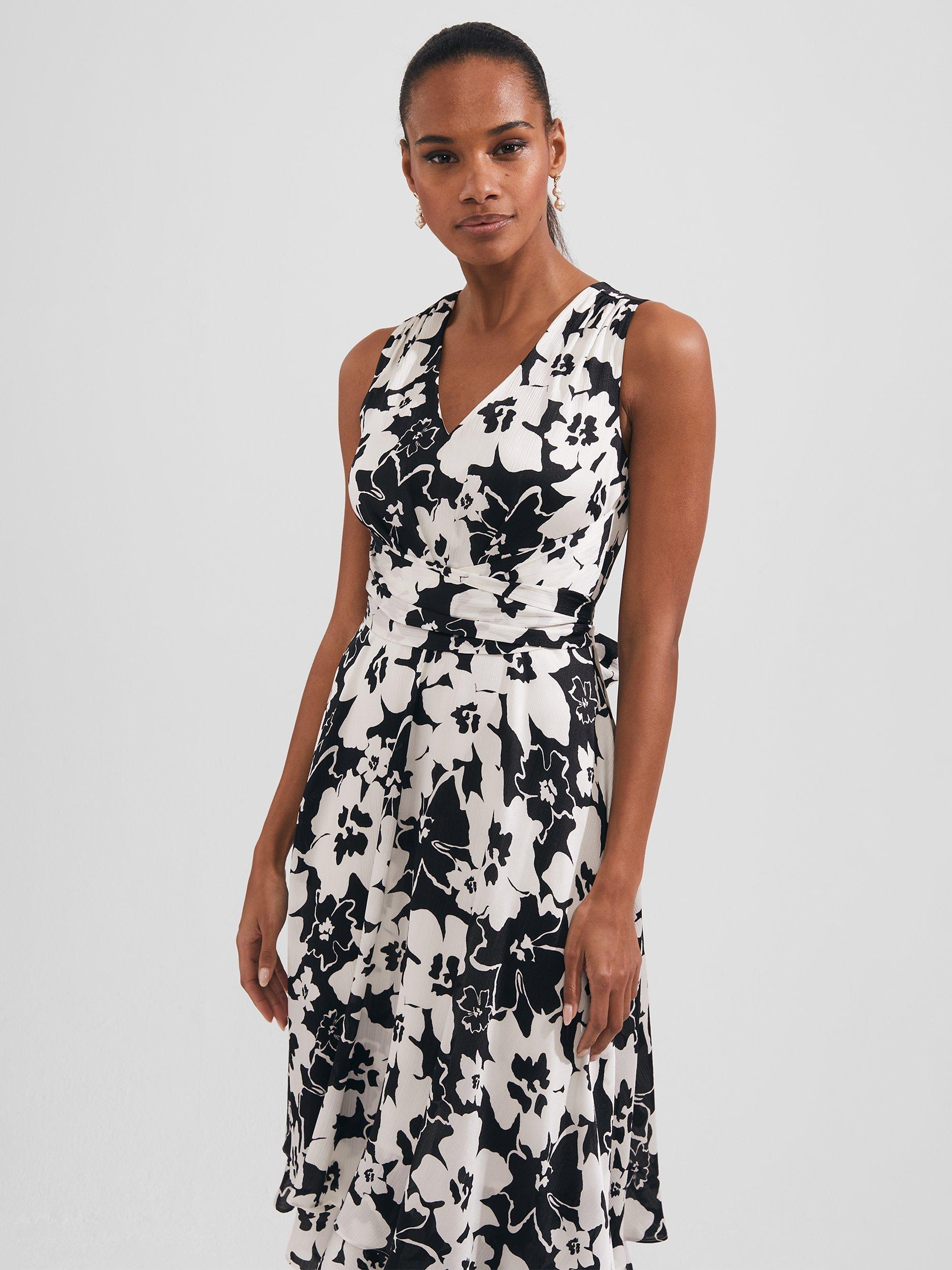 Product image 2 of 9, which shows Hobbs Viola Floral Midi Flared Dress, Black/Ivory, 6