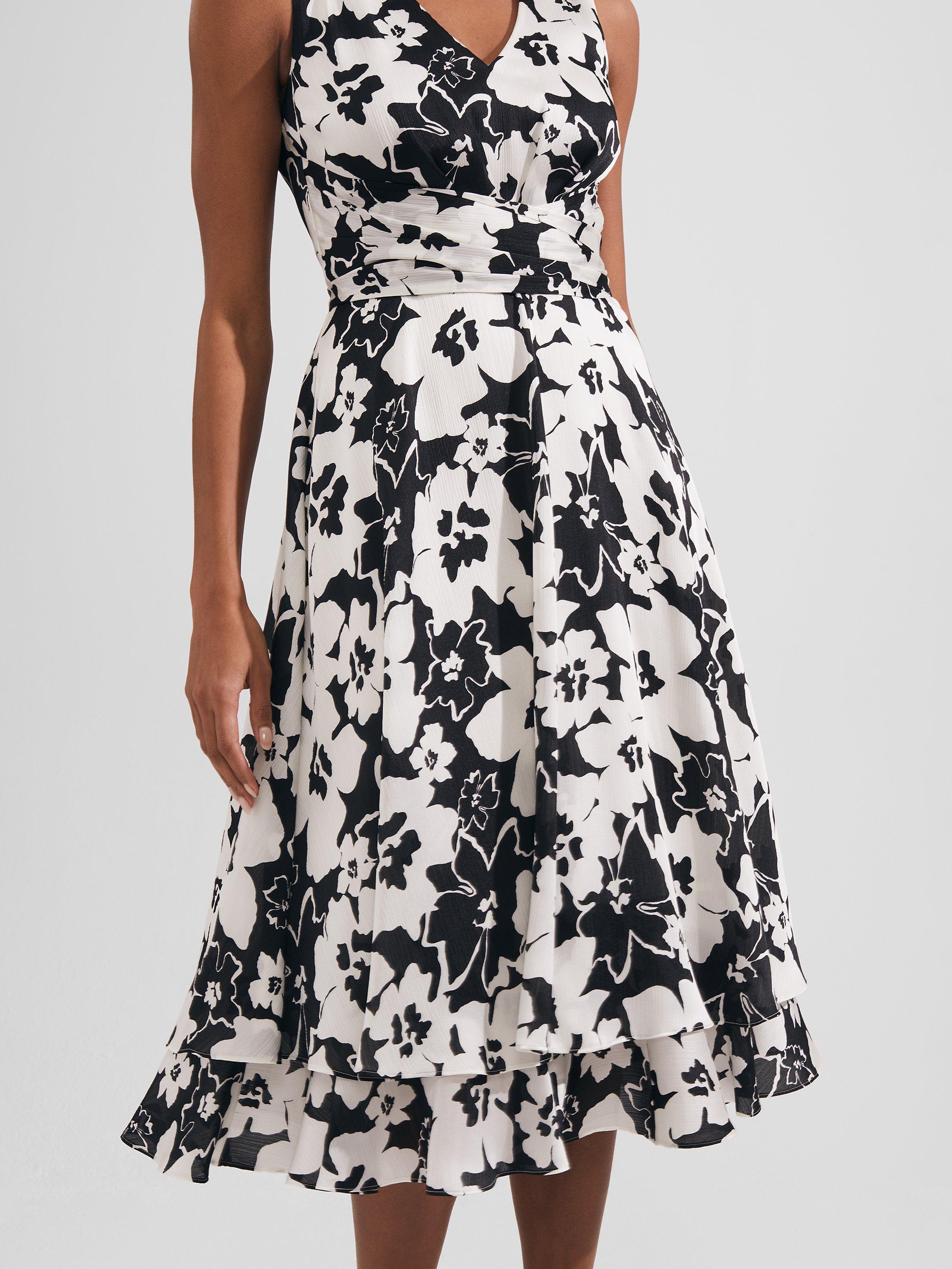 Product image 3 of 9, which shows Hobbs Viola Floral Midi Flared Dress, Black/Ivory, 6