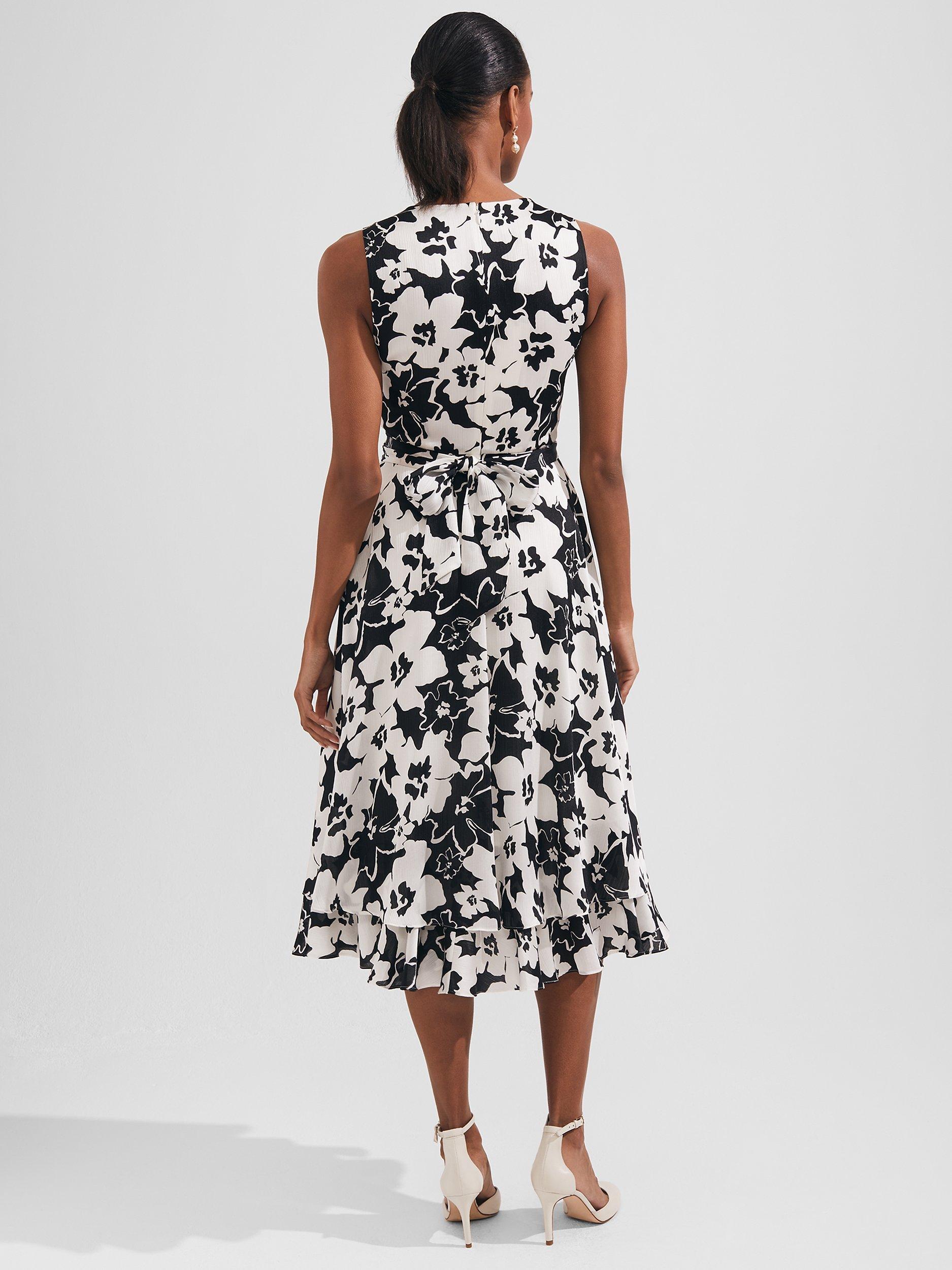 Product image 4 of 9, which shows Hobbs Viola Floral Midi Flared Dress, Black/Ivory, 6