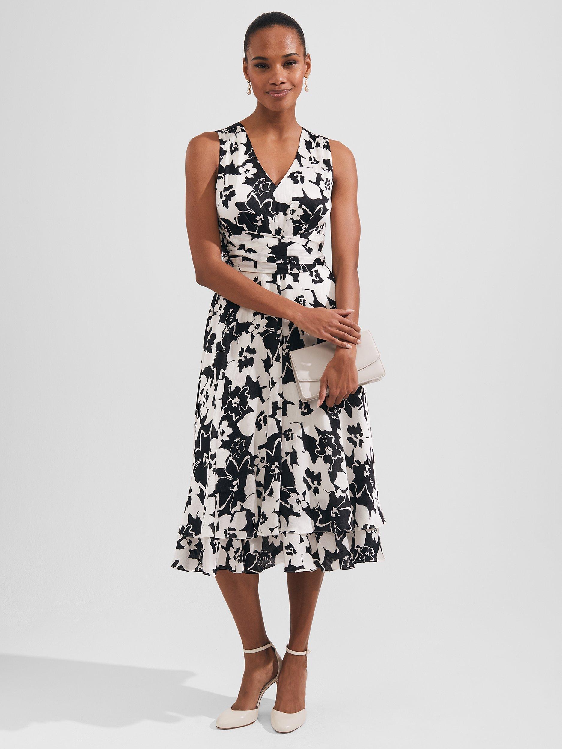 Product image 5 of 9, which shows Hobbs Viola Floral Midi Flared Dress, Black/Ivory, 6