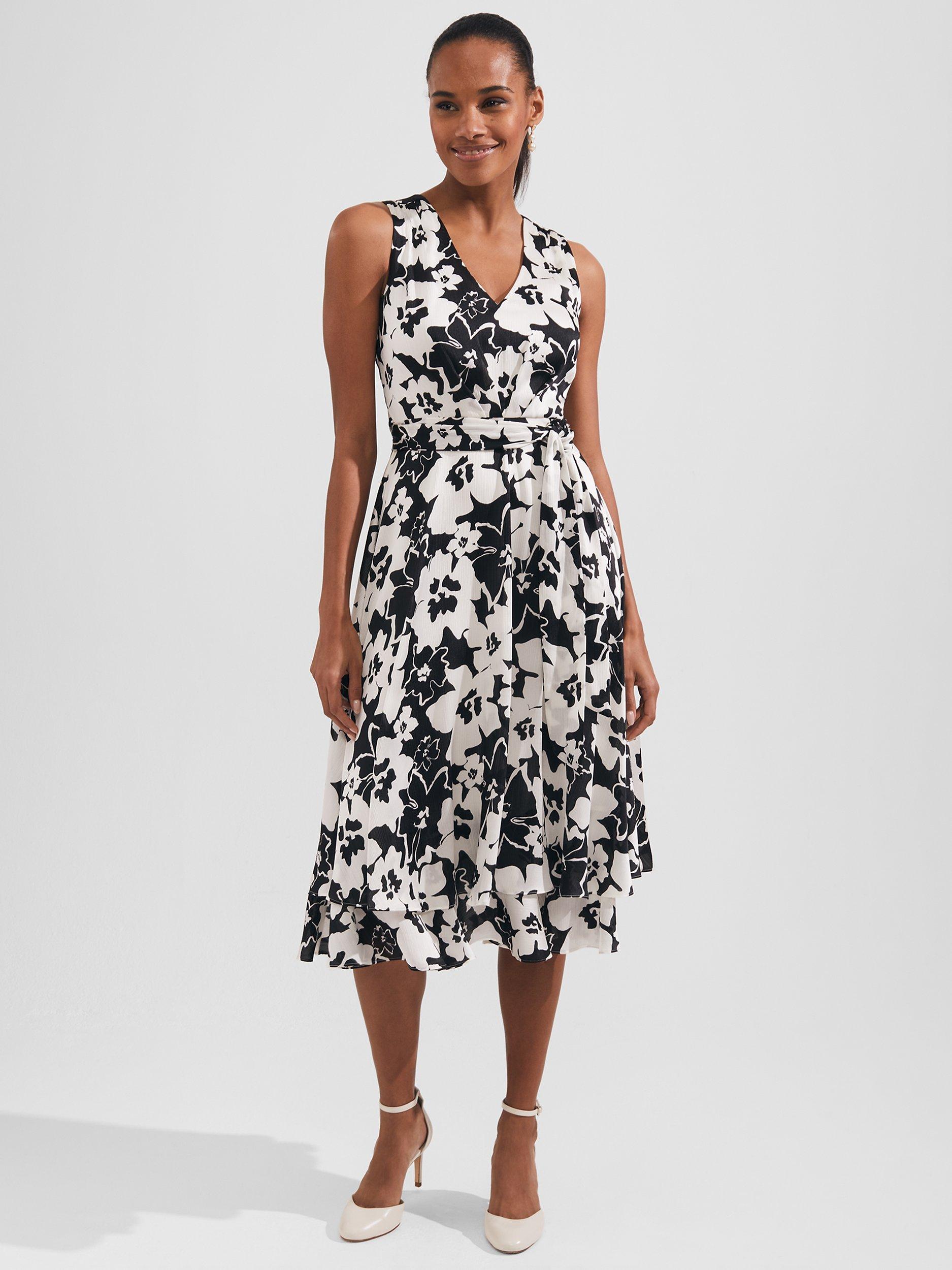 Product image 6 of 9, which shows Hobbs Viola Floral Midi Flared Dress, Black/Ivory, 6