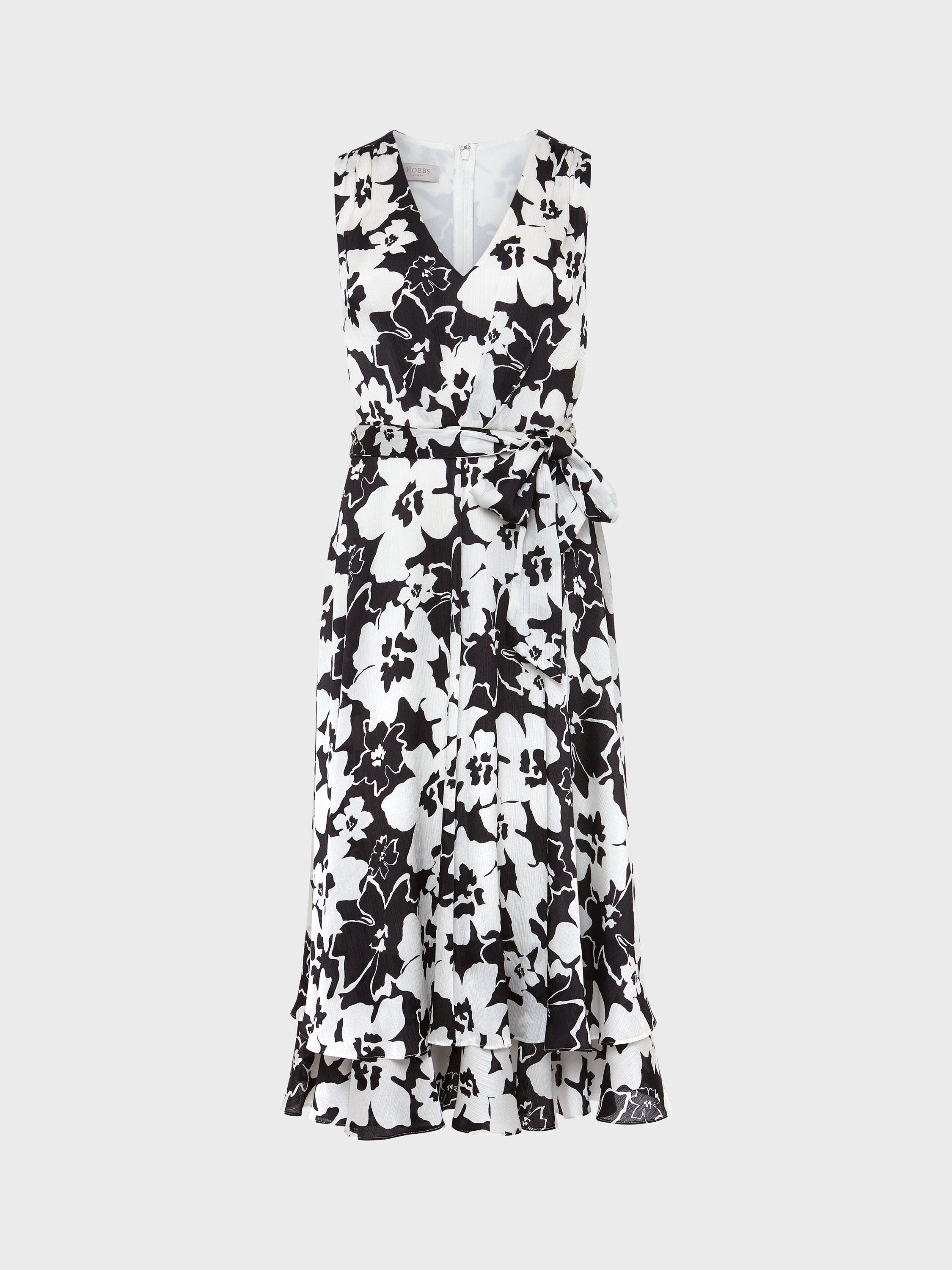 Product image 8 of 9, which shows Hobbs Viola Floral Midi Flared Dress, Black/Ivory, 6