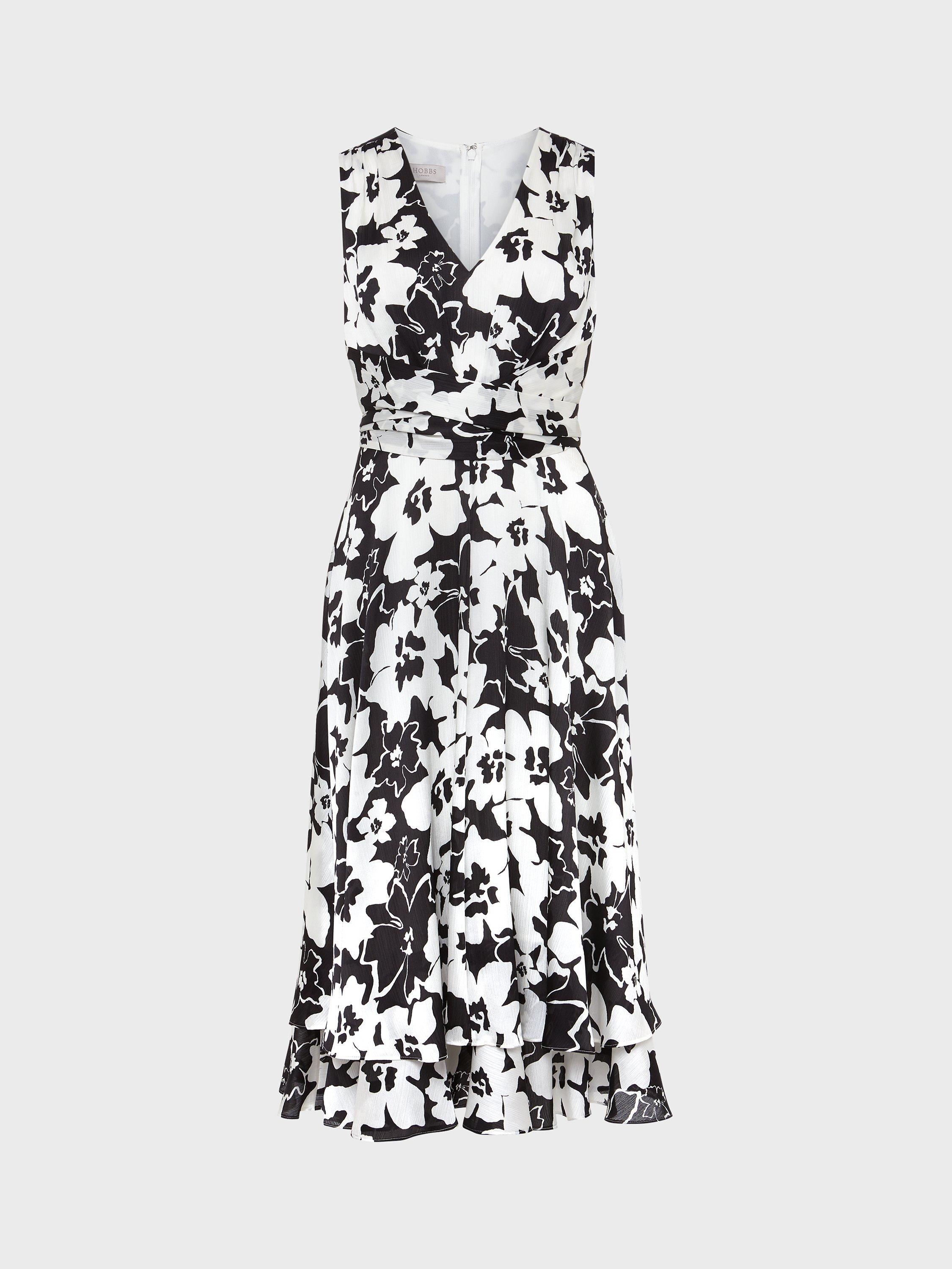 Product image 9 of 9, which shows Hobbs Viola Floral Midi Flared Dress, Black/Ivory, 6