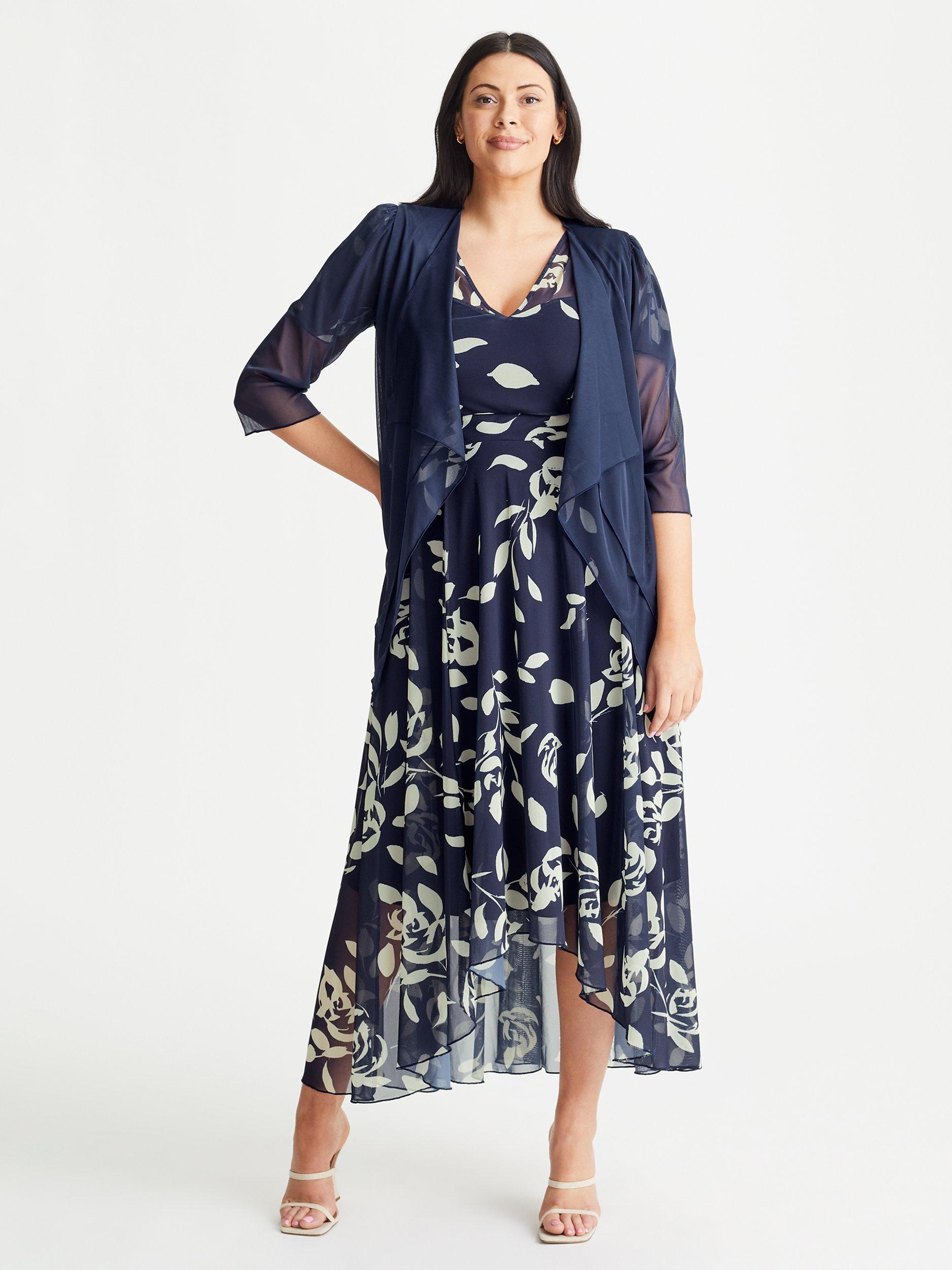 Scarlett Jo Waterfall Leaf Print Long Sleeve Bolero Jacket Shrug Navy