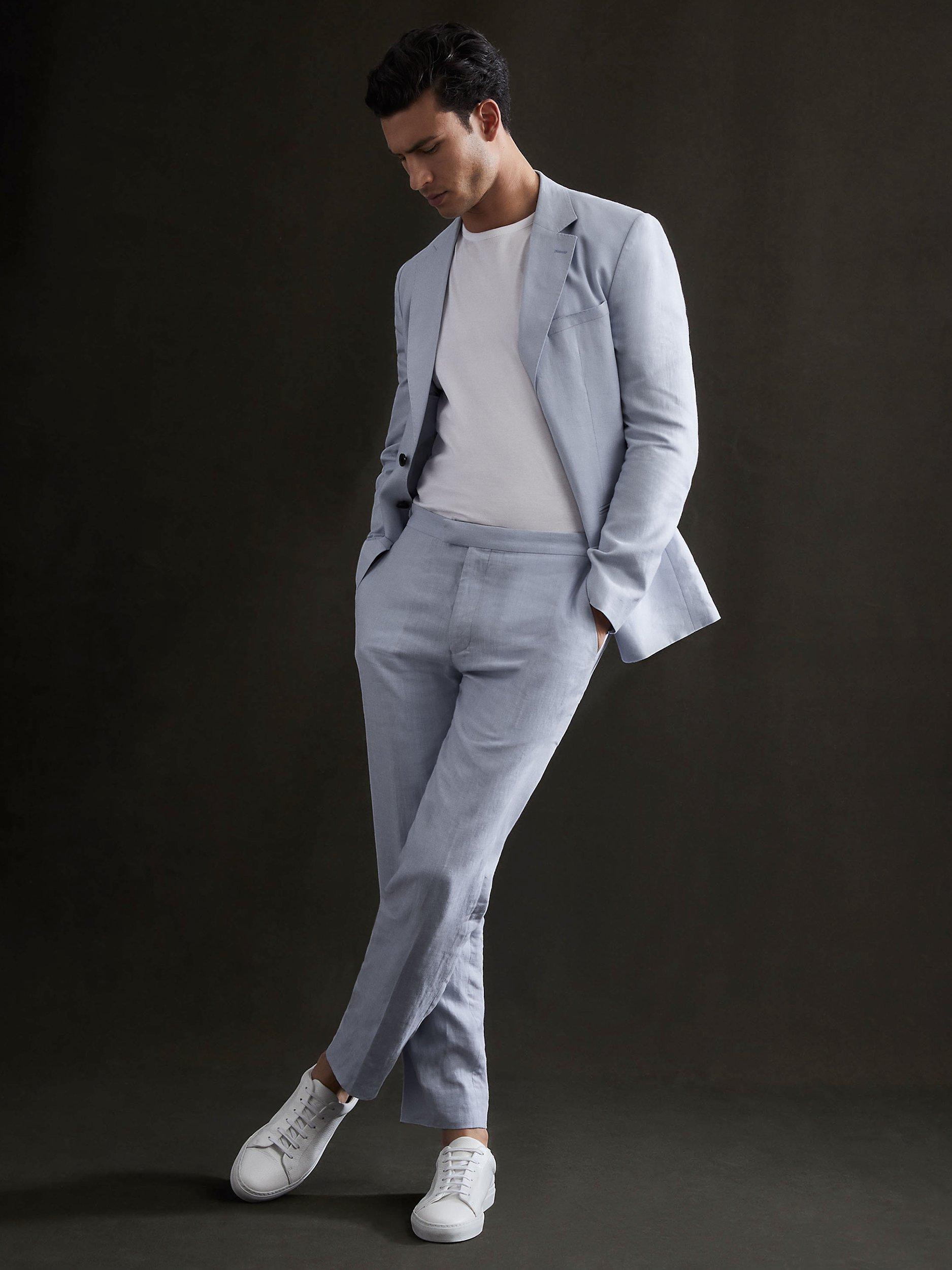 Reiss Kin Linen Slim Suit Trousers, Soft Blue