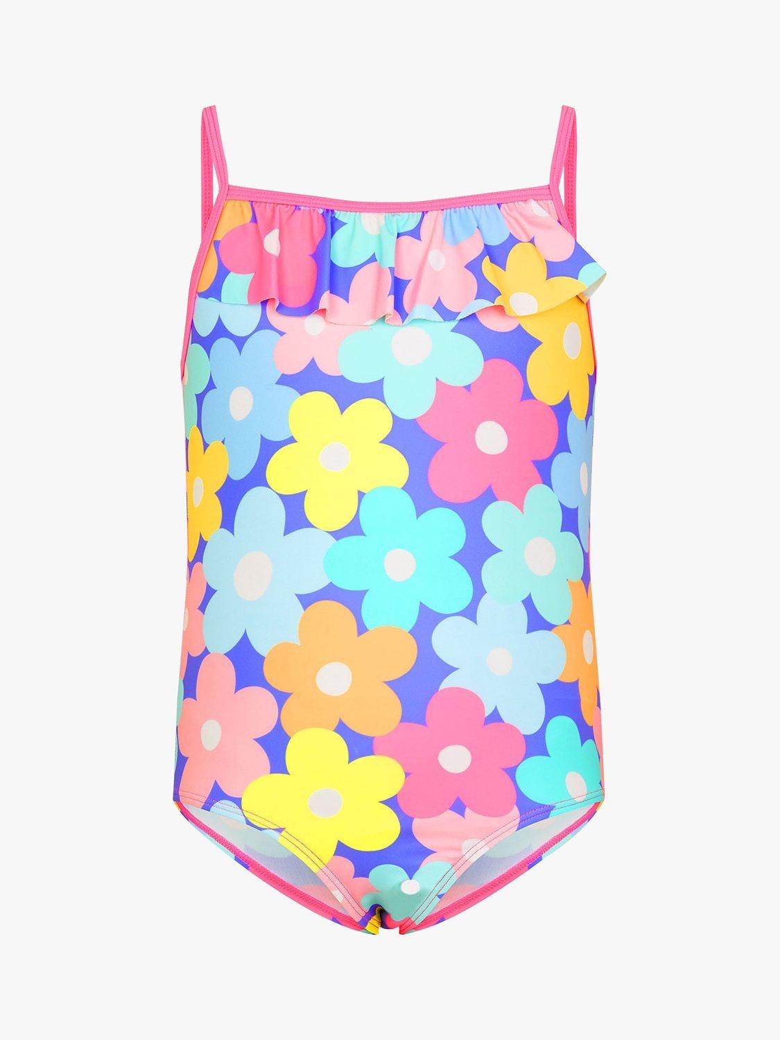 Angels by Accessorize Kids' Retro Floral Print Ruffle Detail Swimsuit, Multi