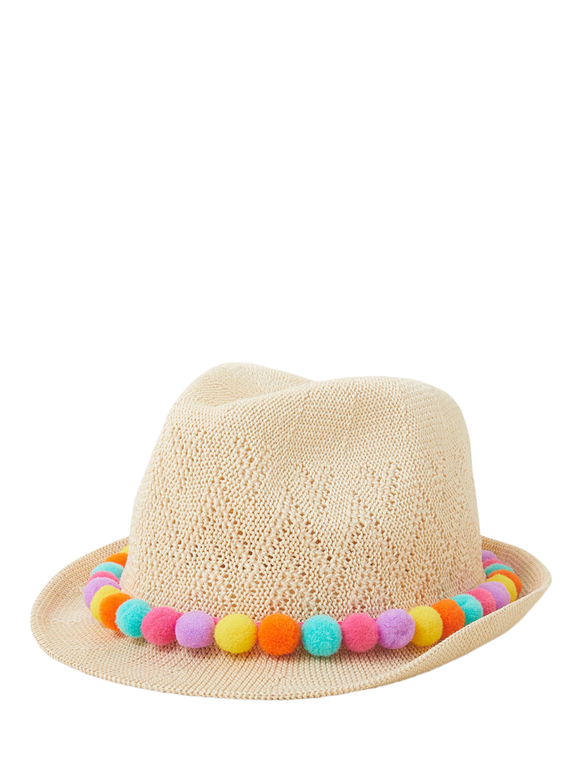 Product image 1 of 1, which shows Angels by Accessorize Kids' Pom Pom Packable Trilby Hat, Natural/Multi, 3-6 years