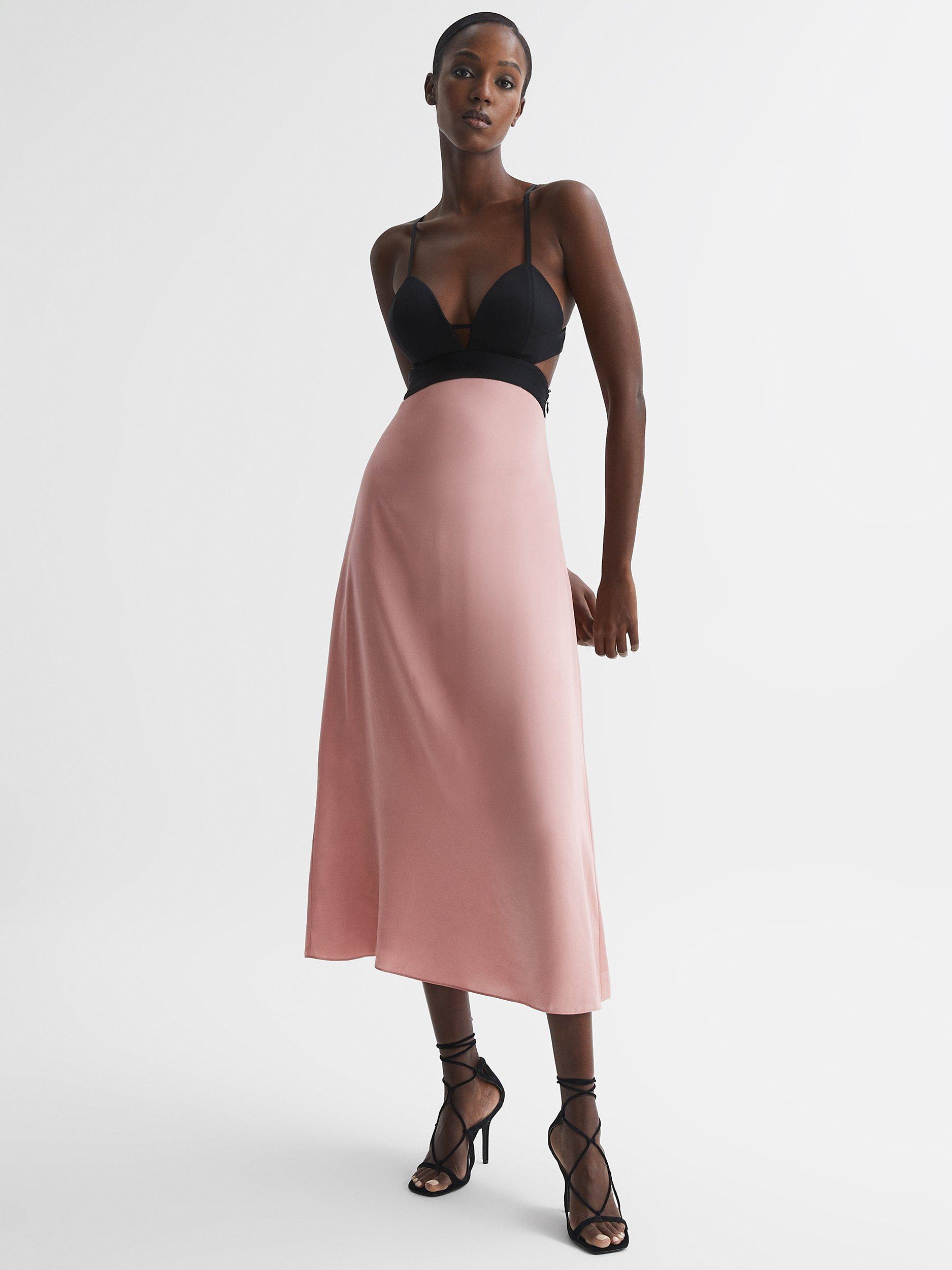 Pink and black midi dress best sale