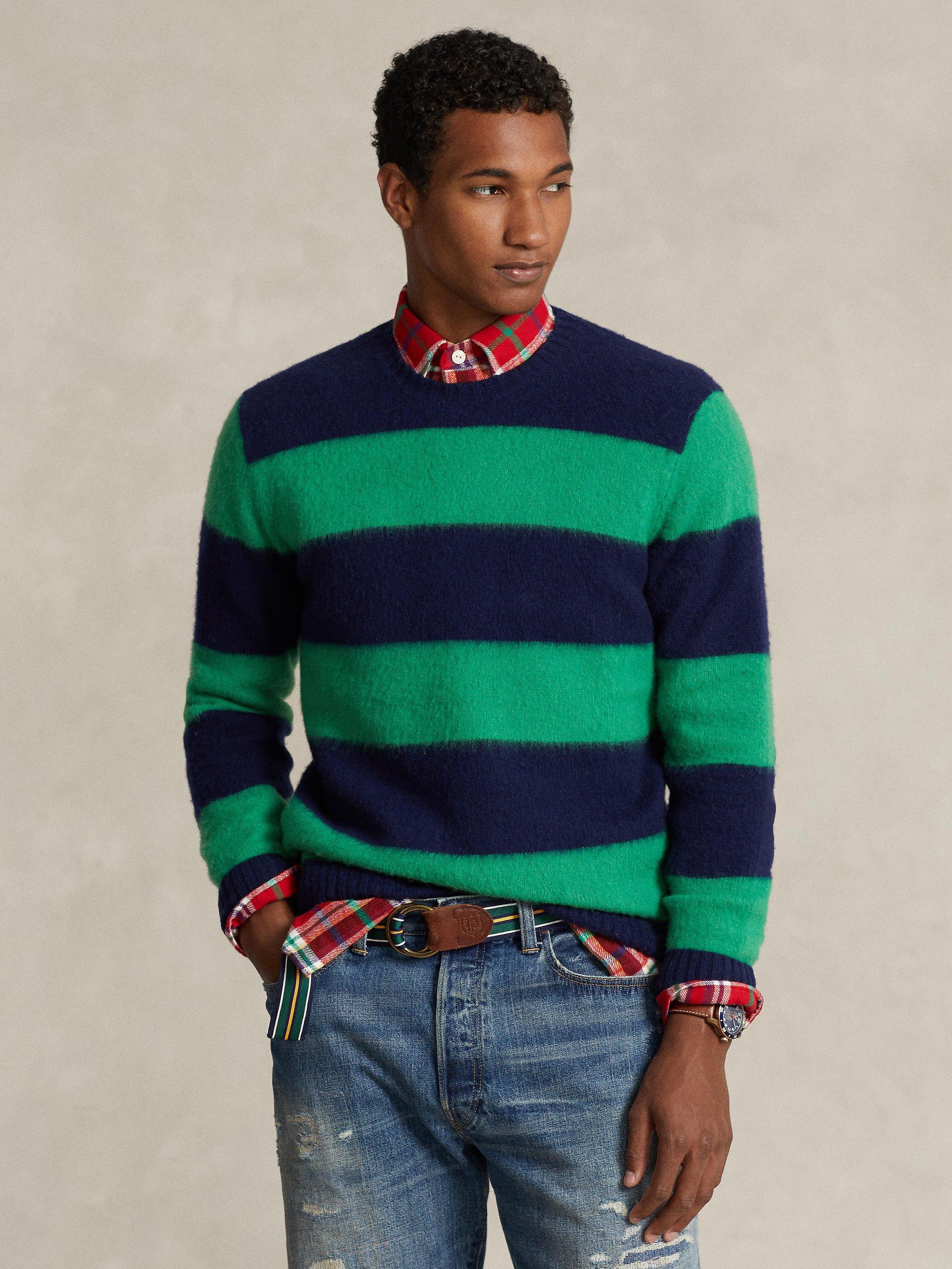 Polo Ralph Lauren Long Sleeve Cotton Stripe Pullover Jumper, Navy/Green