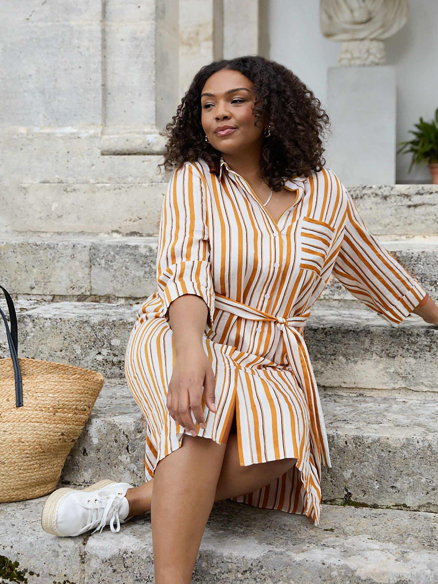 Live Unlimited Curve Linen Blend Stripe Shirt Dress, Camel/Multi