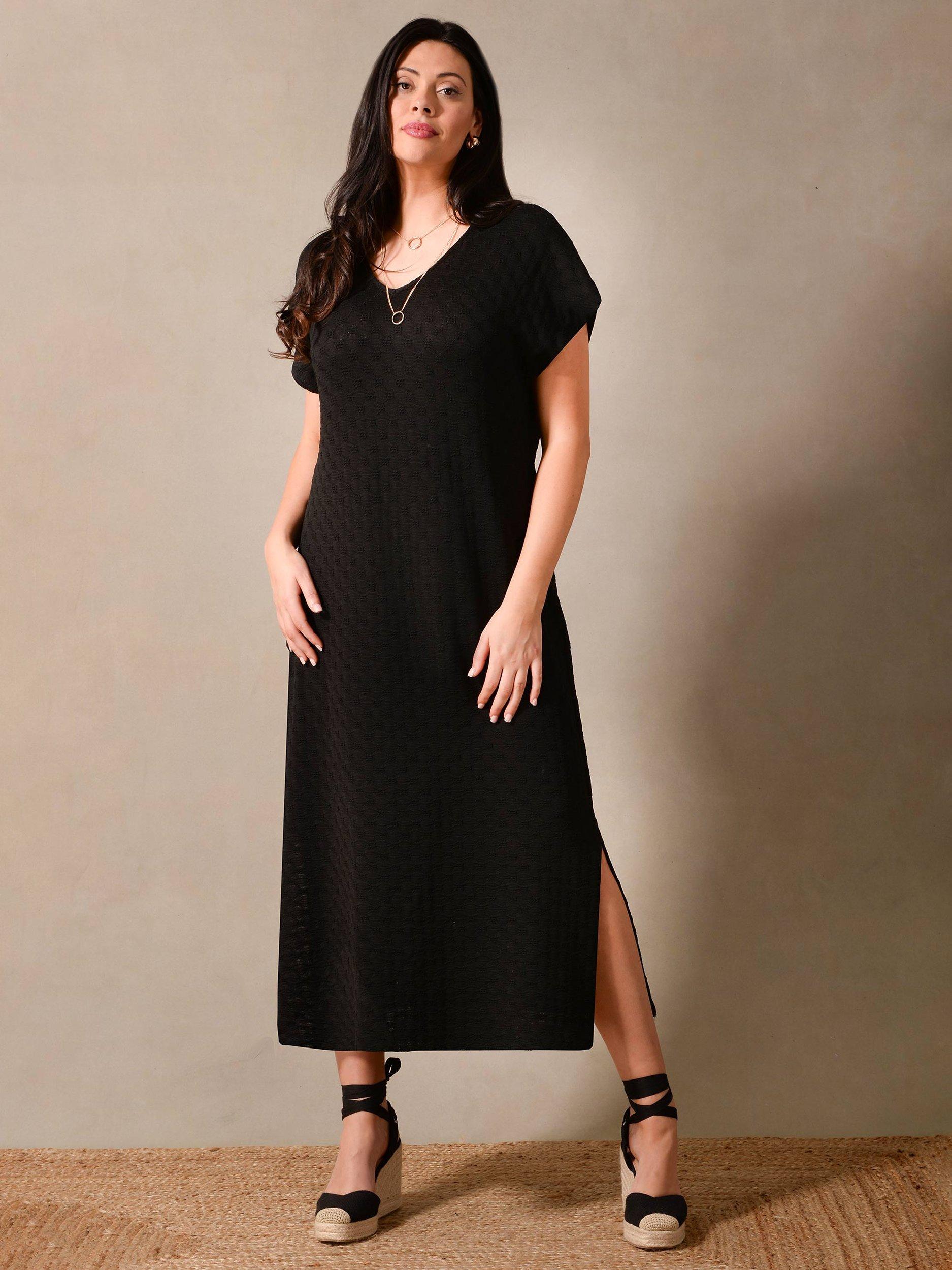 Live Unlimited Curve Crochet V Neck T-Shirt Dress, Black