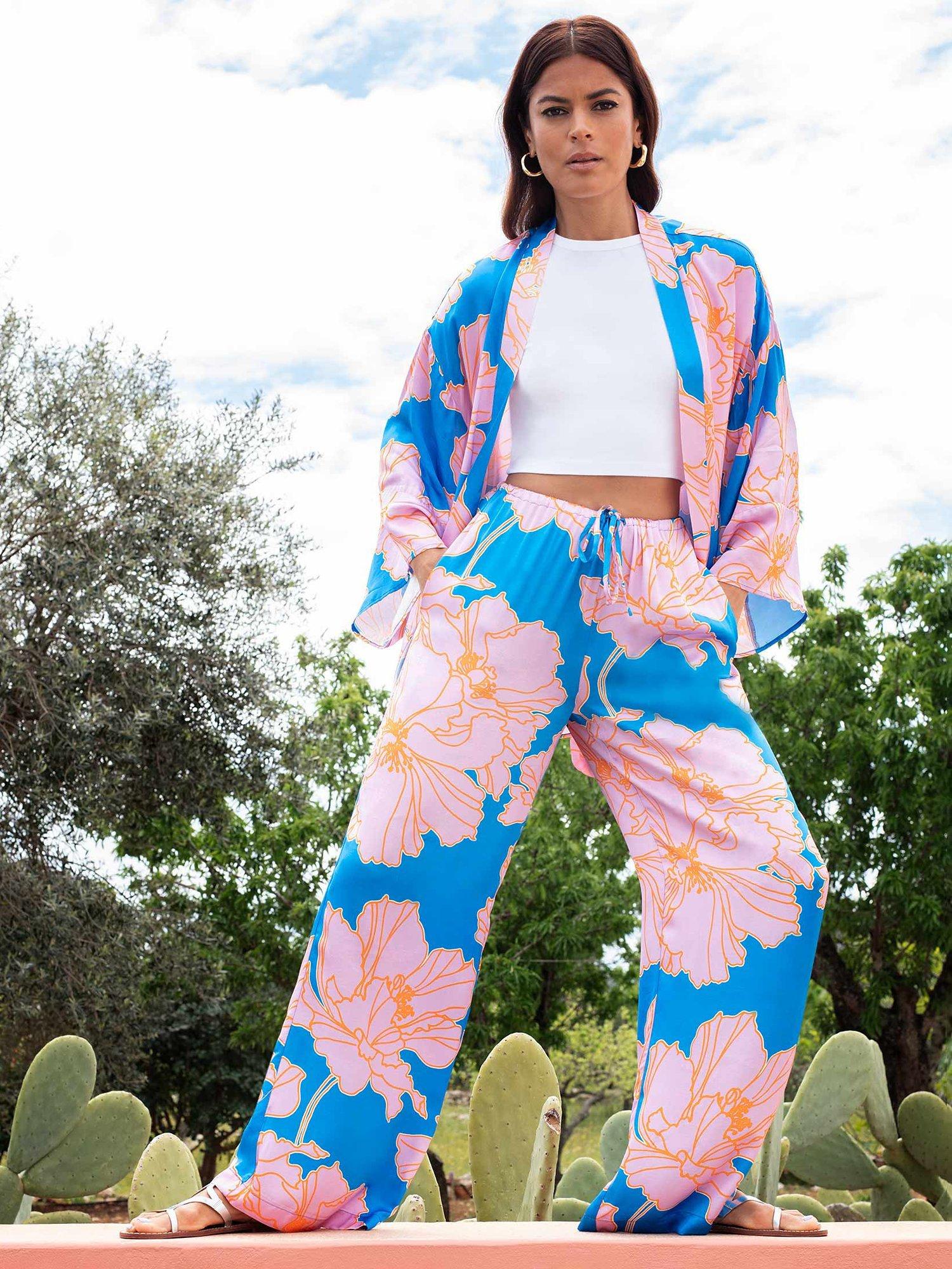 Ro&Zo Satin Floral Print Trousers, Blue