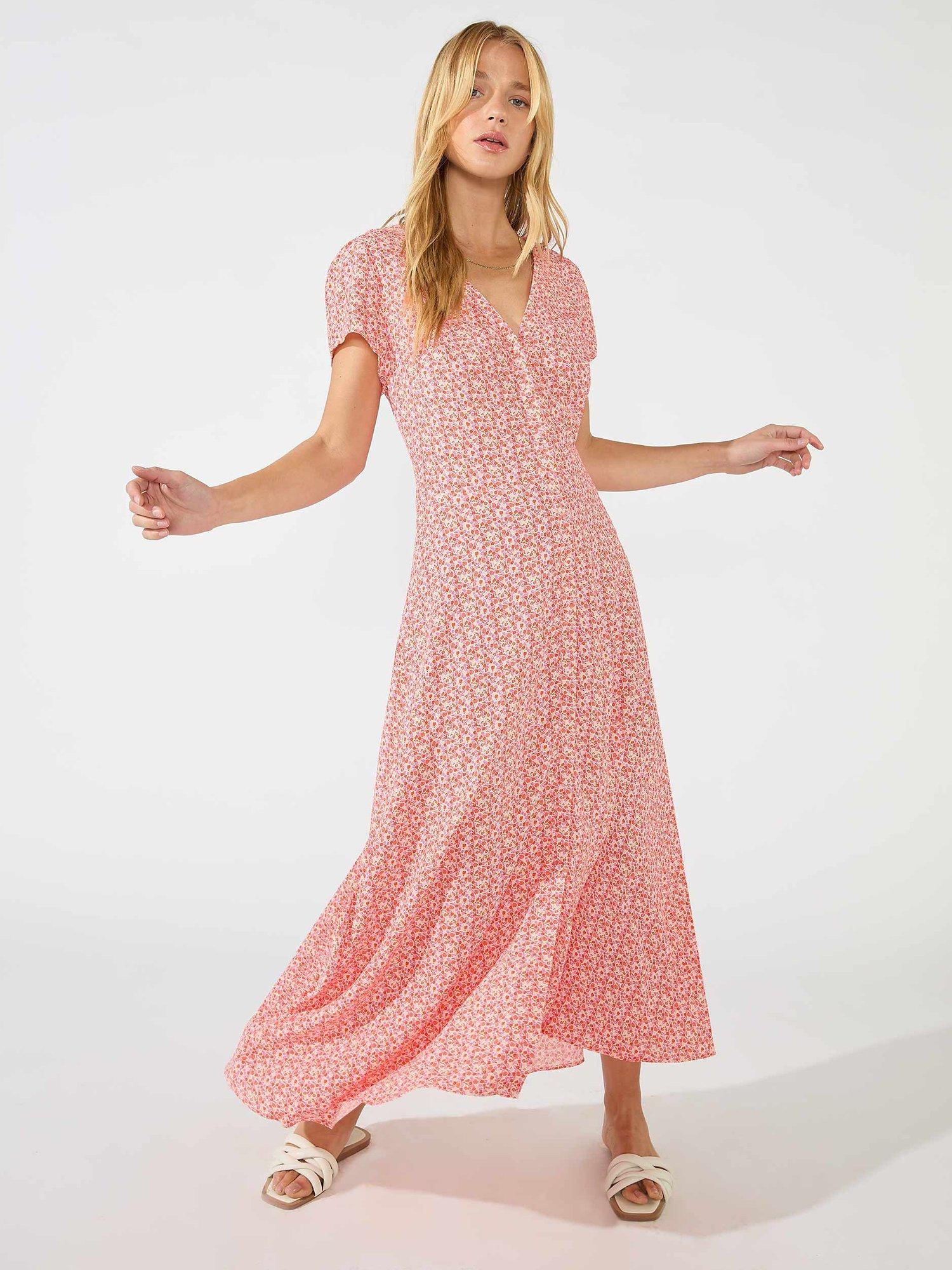 Ro&Zo Petite Ditsy Print Button Front Midi Dress, Pink