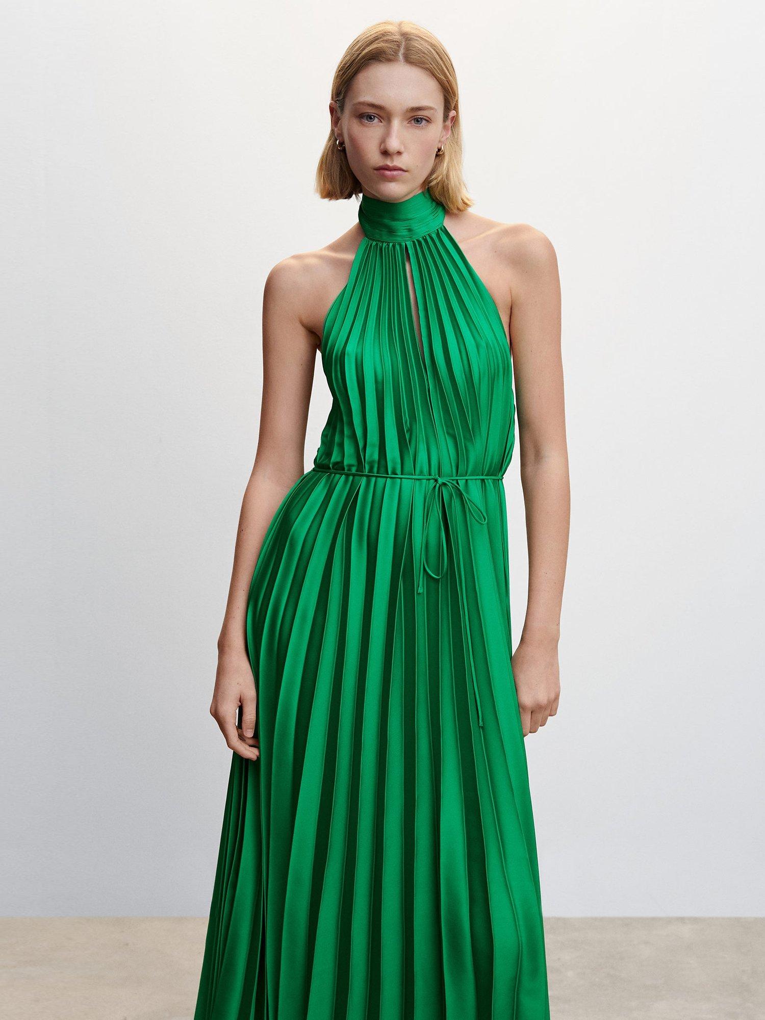 Mango Leaf Pleated Halter Neck Dress, Green