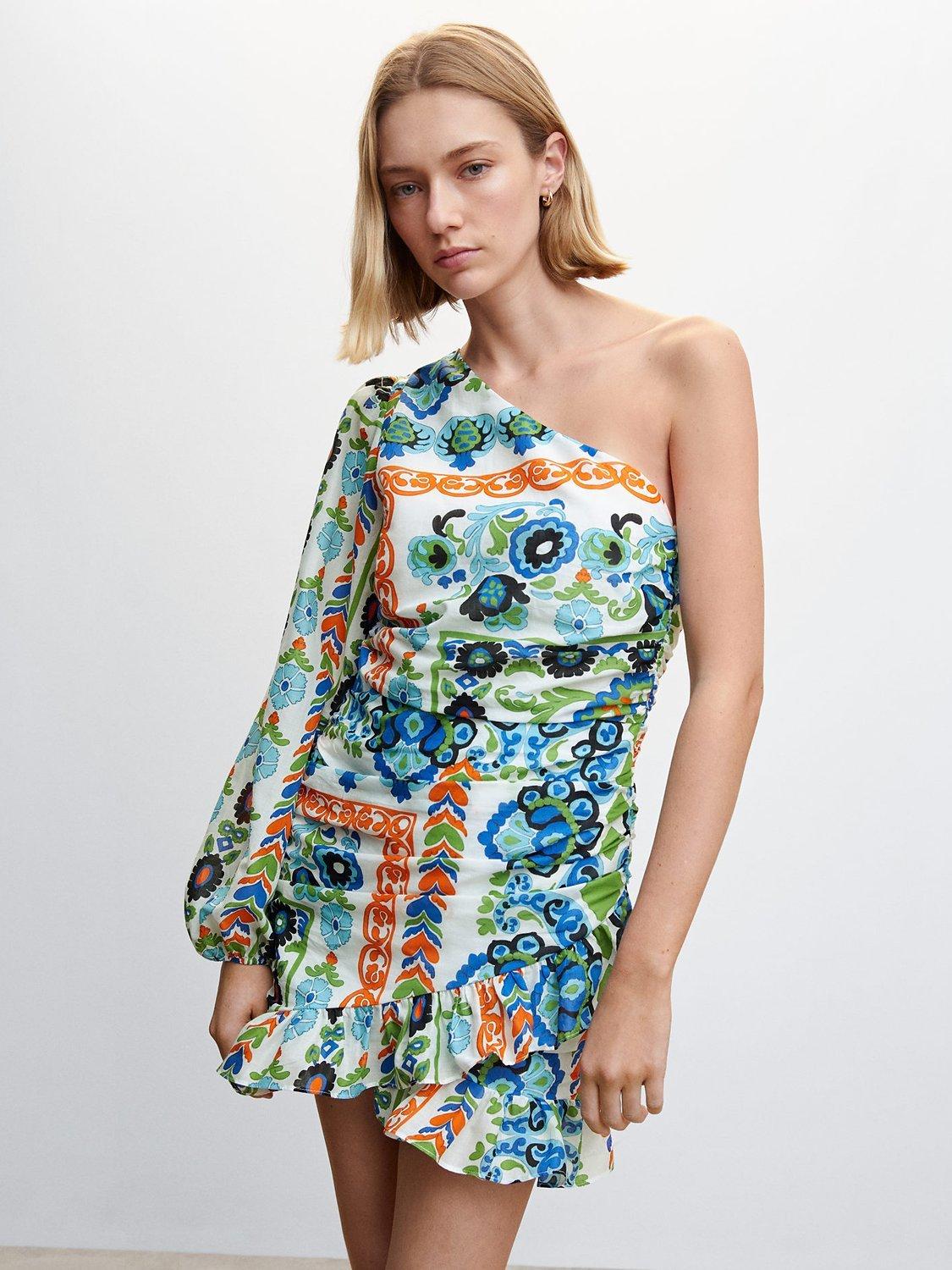 Mango Anton Asymmetrical Pleated Dress, Multi
