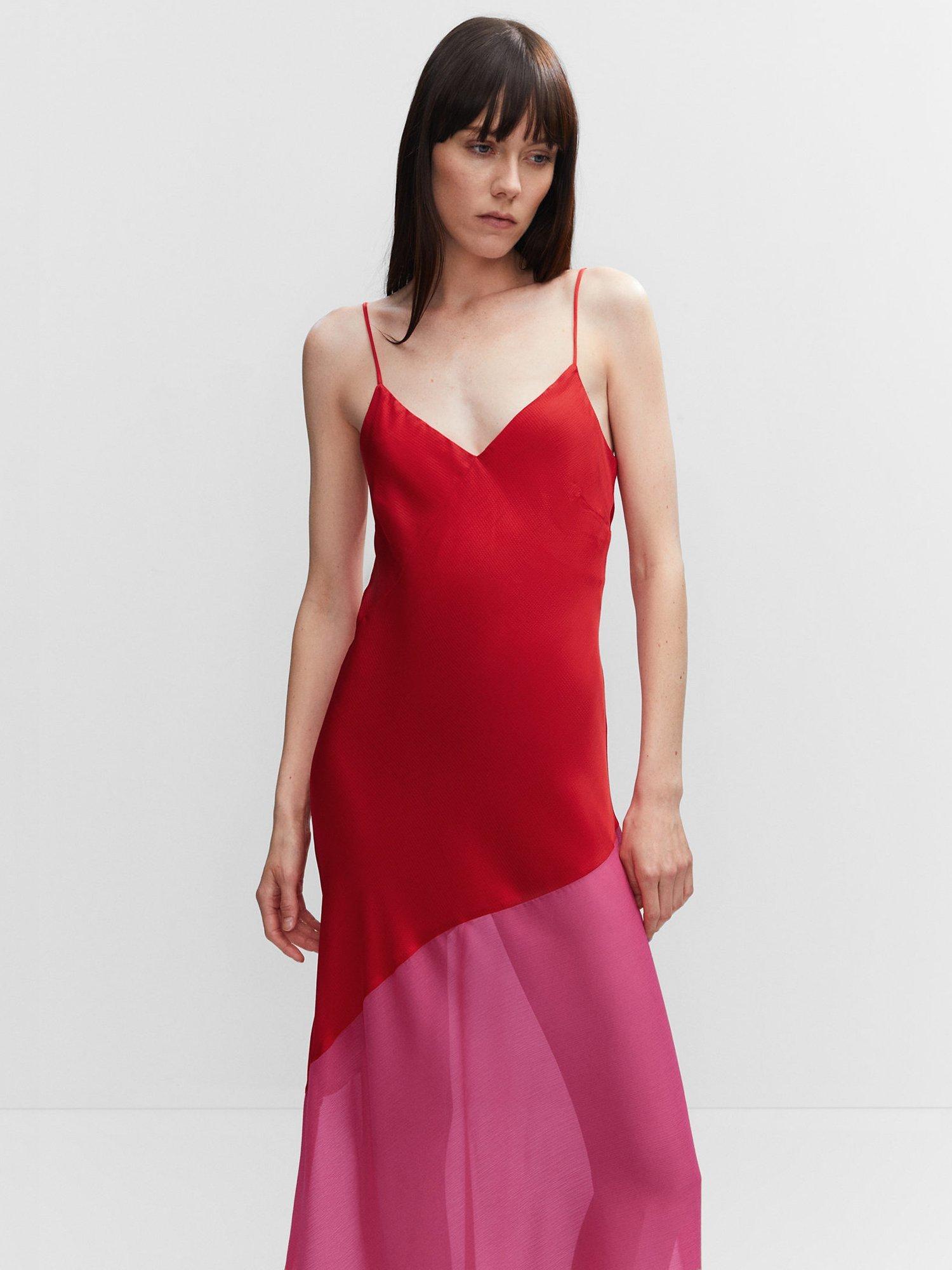 Mango Asymmetrical Semi-Sheer Panel Dress, Red