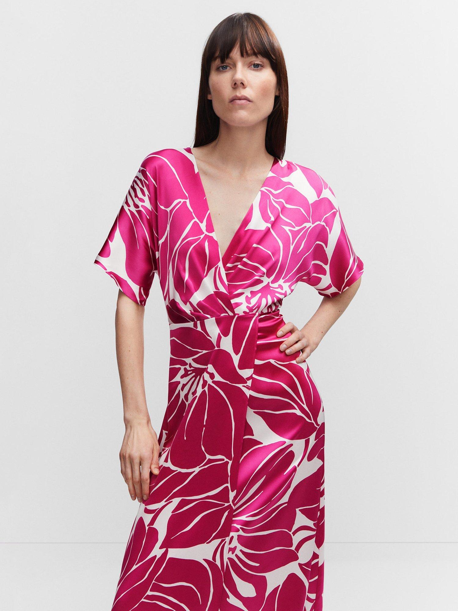 Mango Fresia Floral Midi Satin Dress, Bright Pink